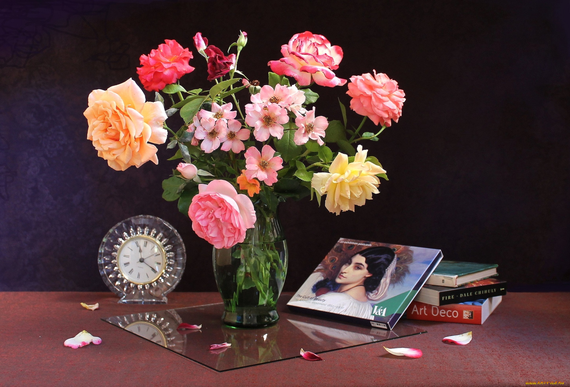 цветы, розы, арт-деко, букет, часы