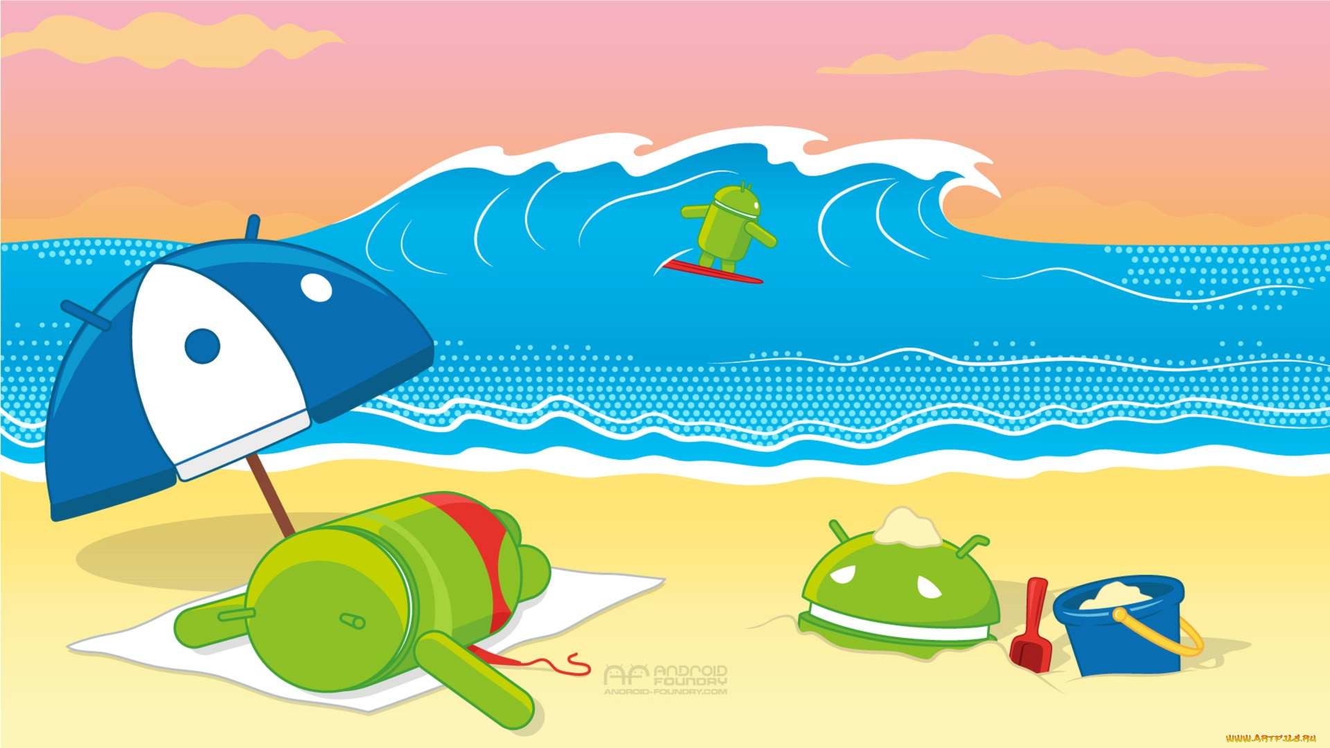 компьютеры, android, песок, пляж, море, логотип, фон, волна