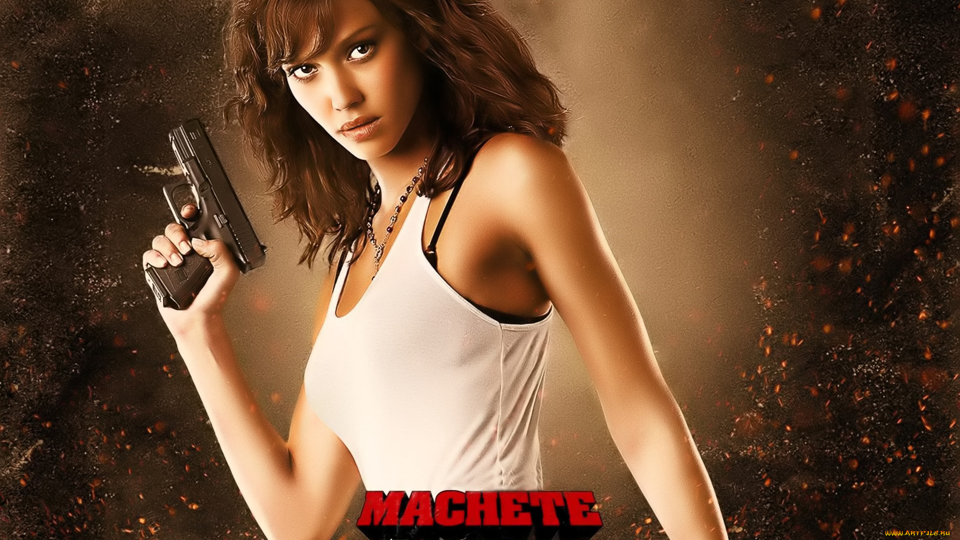 jessica, alba, кино, фильмы, machete, девушка, майка, пистолет