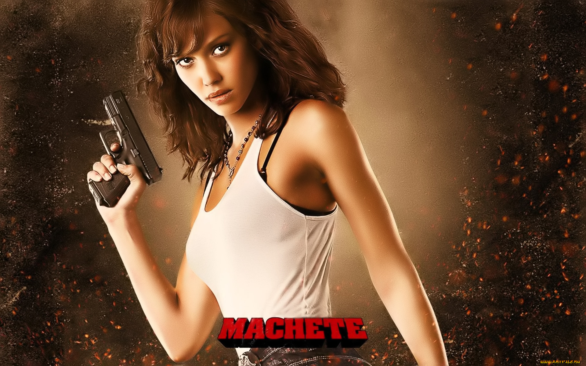 jessica, alba, кино, фильмы, machete, девушка, майка, пистолет