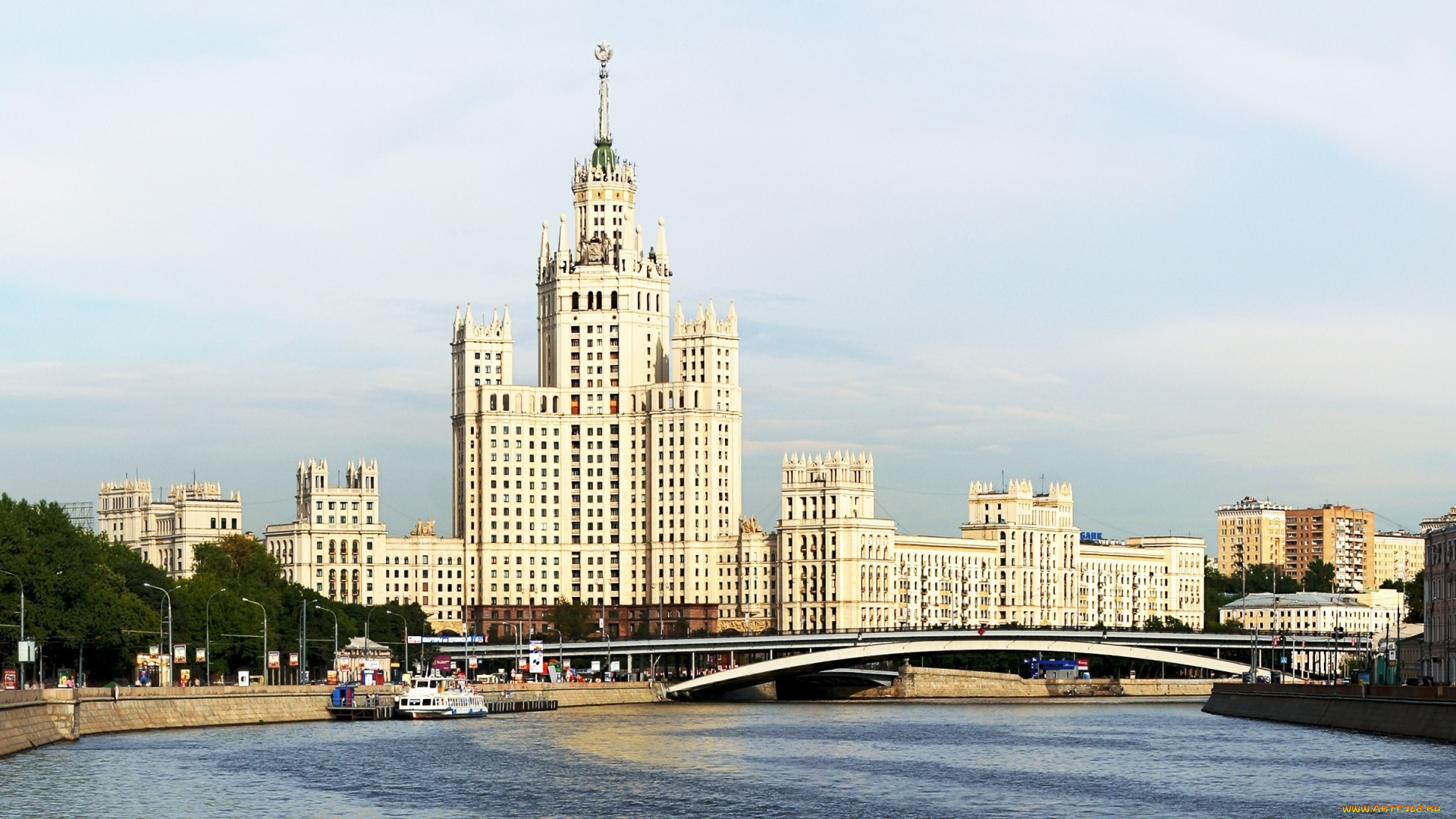 москва, города, россия, небоскреб, мост, река