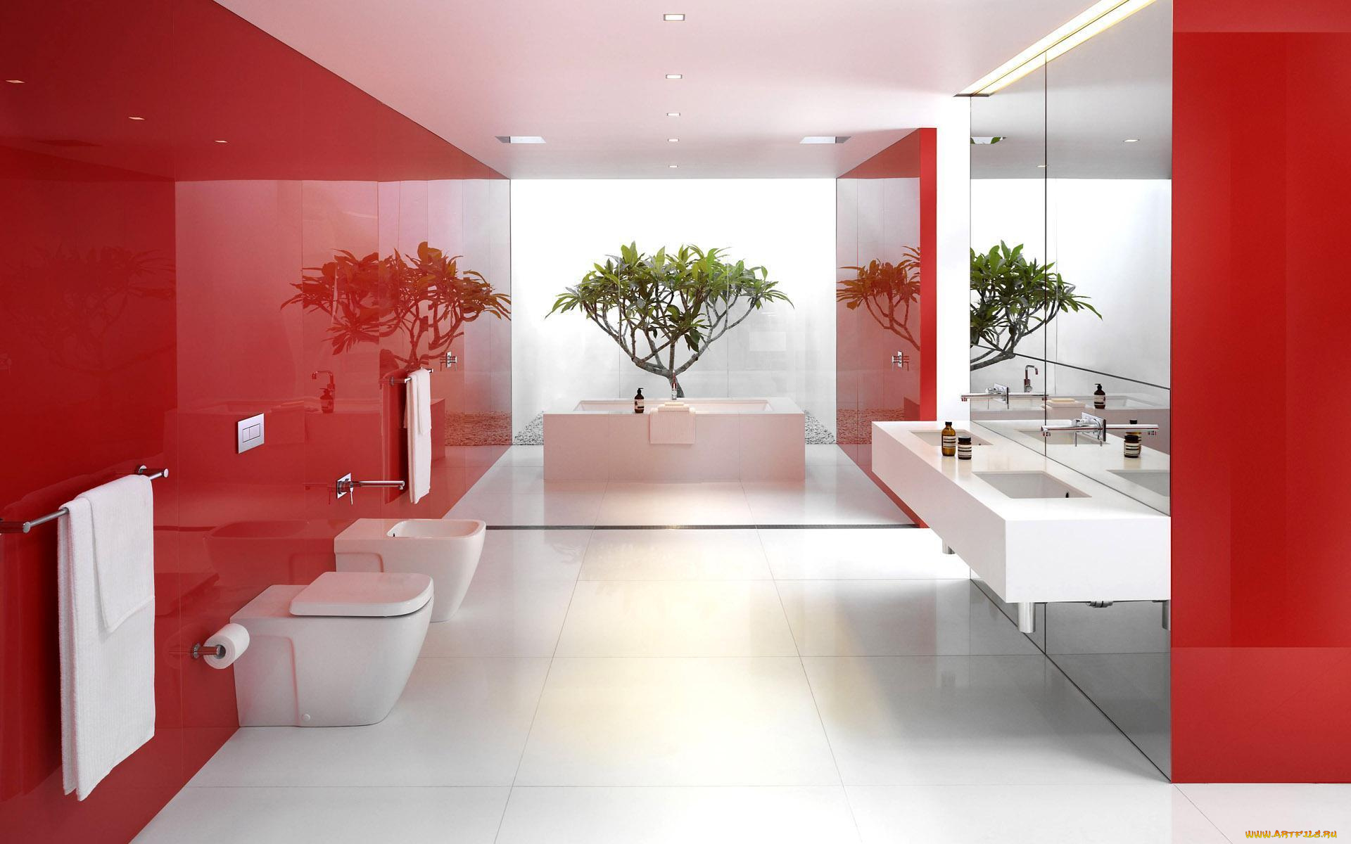 интерьер, ванная, туалетная, комнаты, красный, зеркала, белый, растение, отражение