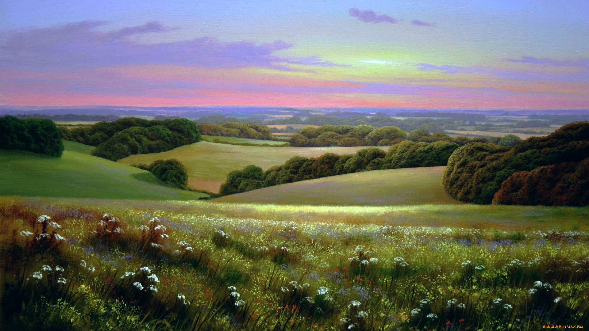 country, sunset, рисованные, terry, grundy, поляна, луг, закат, пейзаж