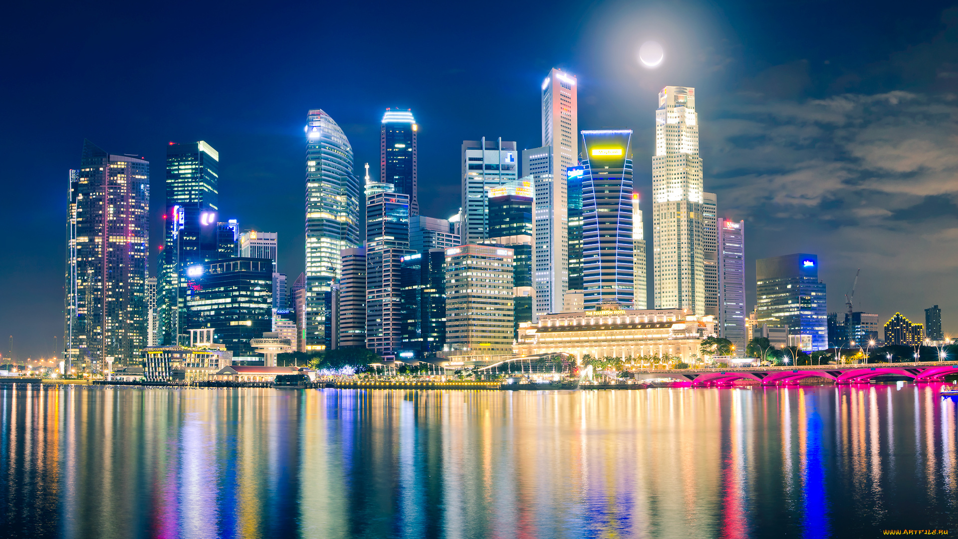 singapore, города, сингапур, мосты, ночь, город, огни, луна