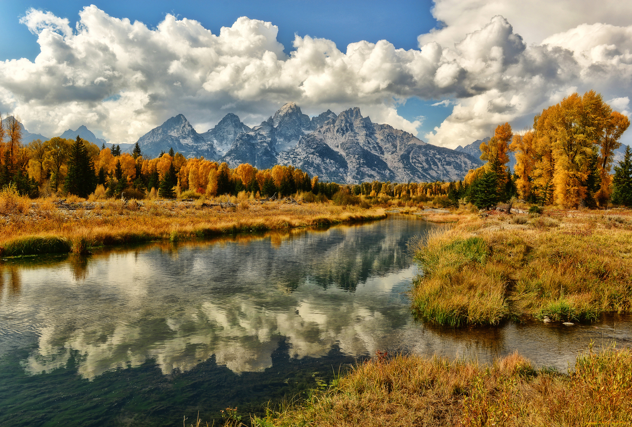 grand, teton, national, park, природа, реки, озера, речка, горы, отражение, пейзаж, осень