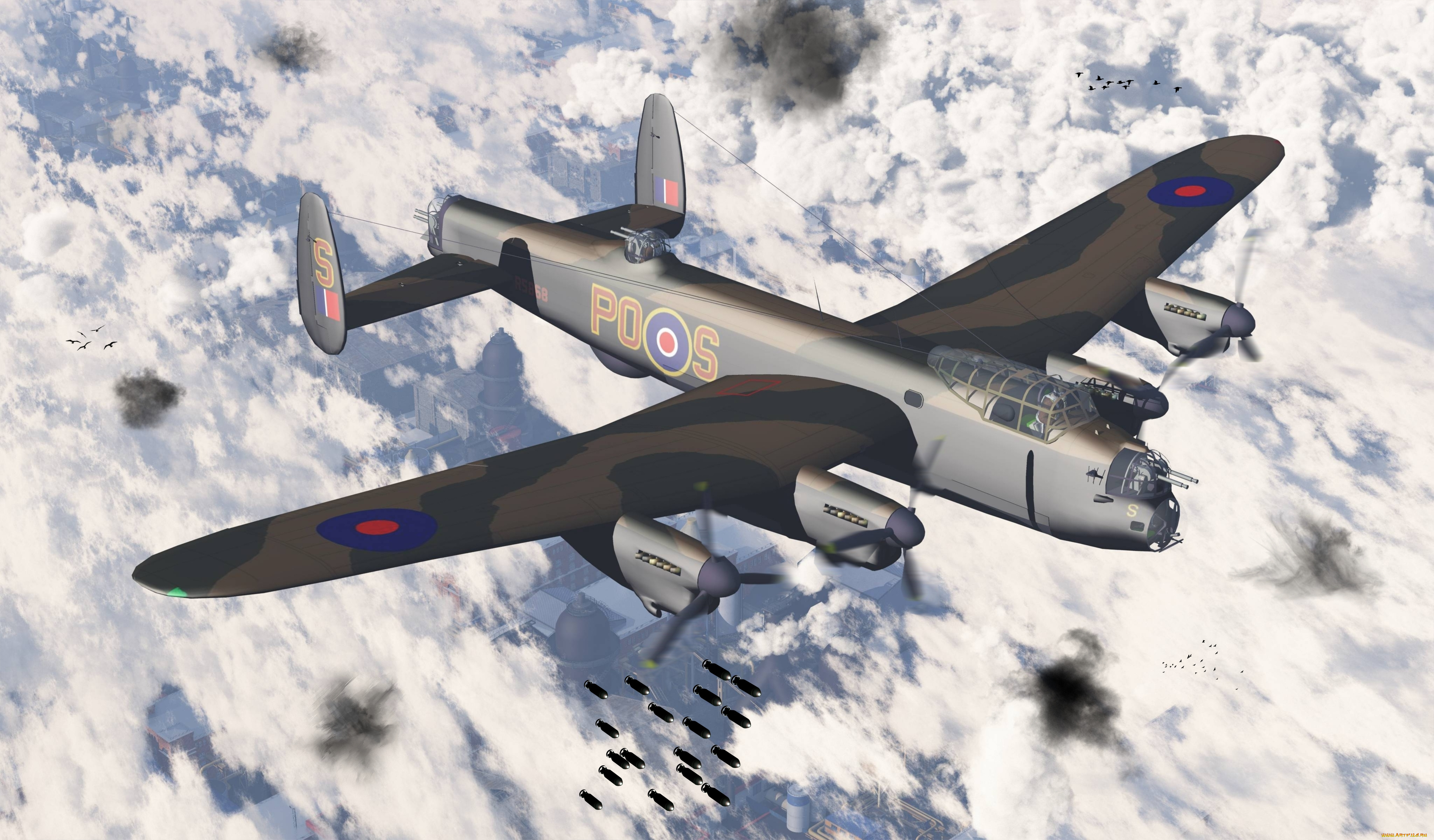 авиация, 3д, рисованые, graphic, самолет, облака, бомбы