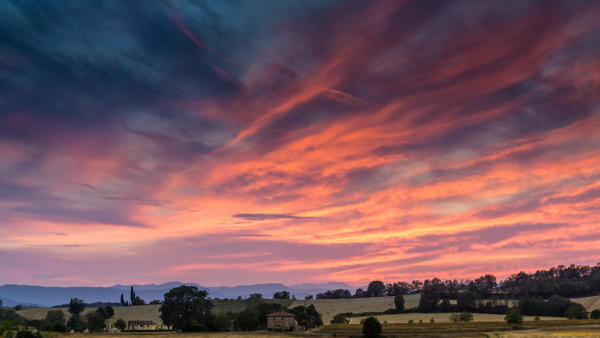 природа, поля, tuscan, sunset, italy, закат, поле