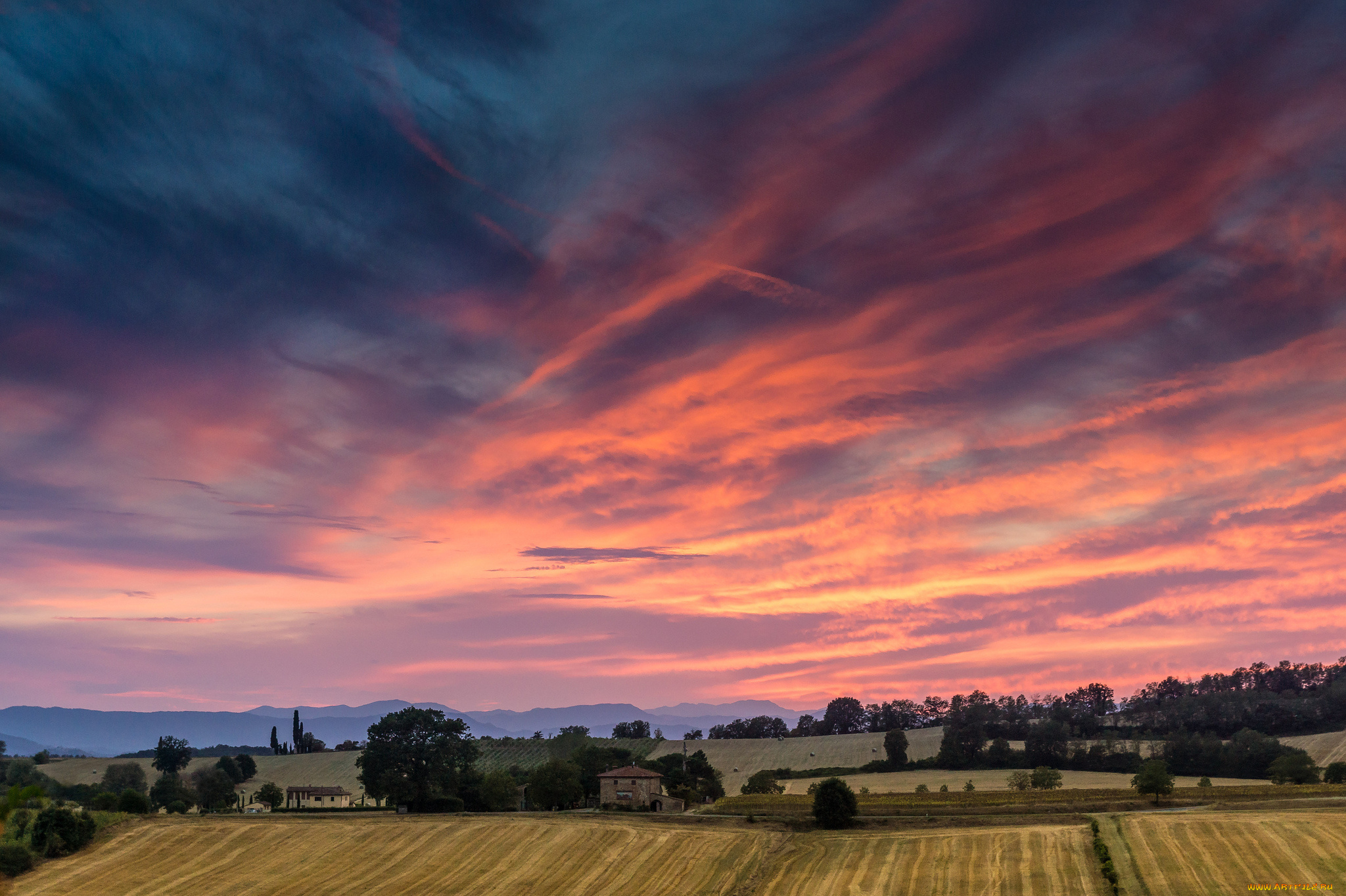 природа, поля, tuscan, sunset, italy, закат, поле