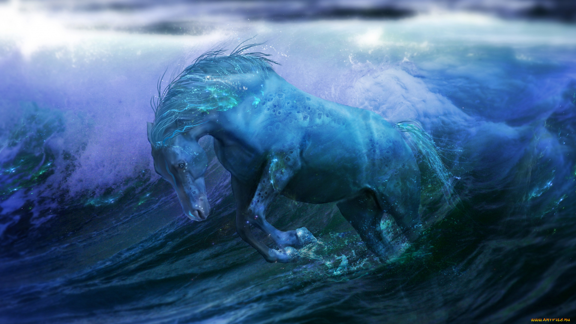 фэнтези, существа, волны, вода, horse, water, океан, ocean, фантастика, лошадь, fantasy