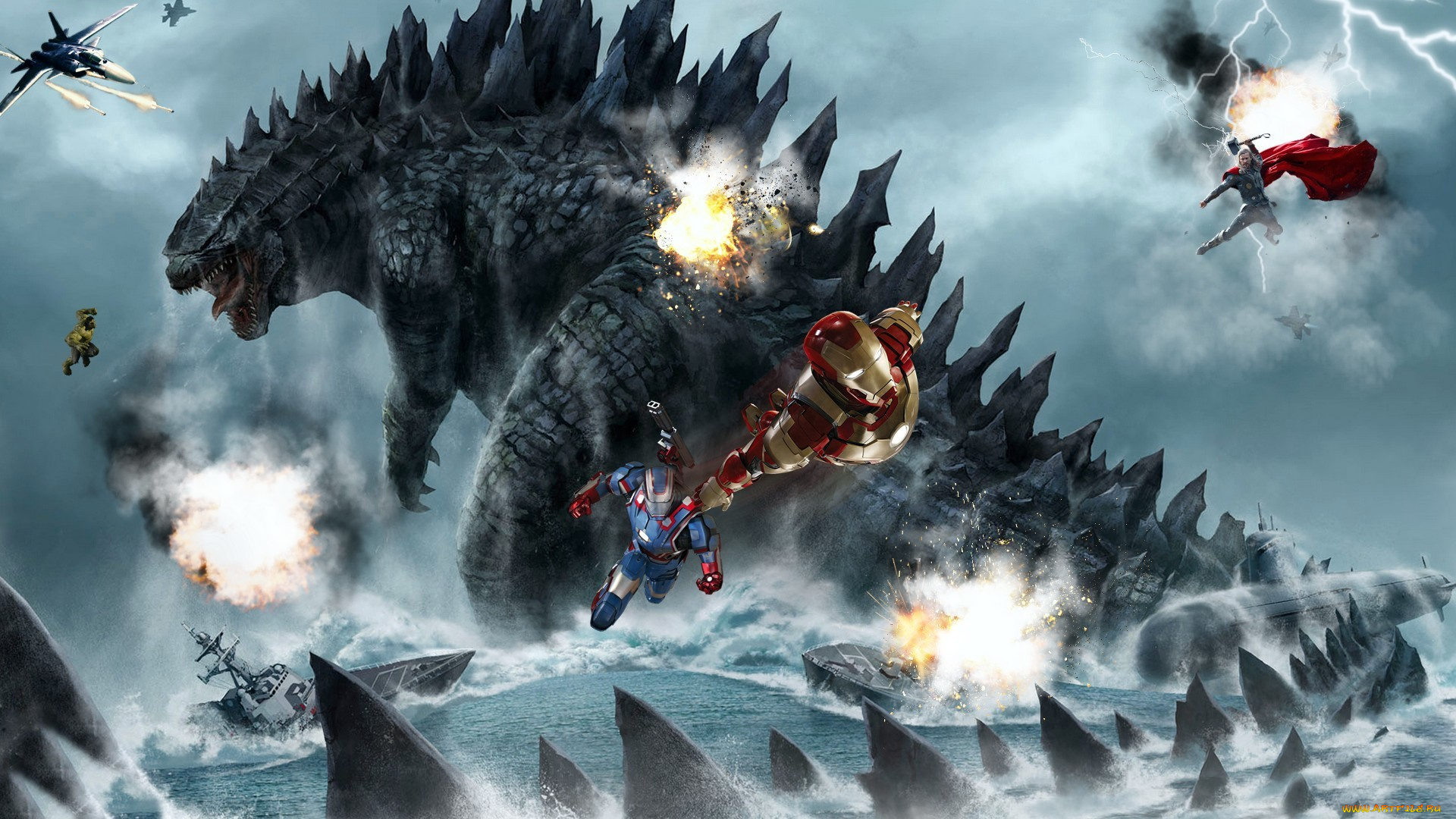 godzilla, vs, avengers, фэнтези, фотоарт, godzilla, vs, avengers