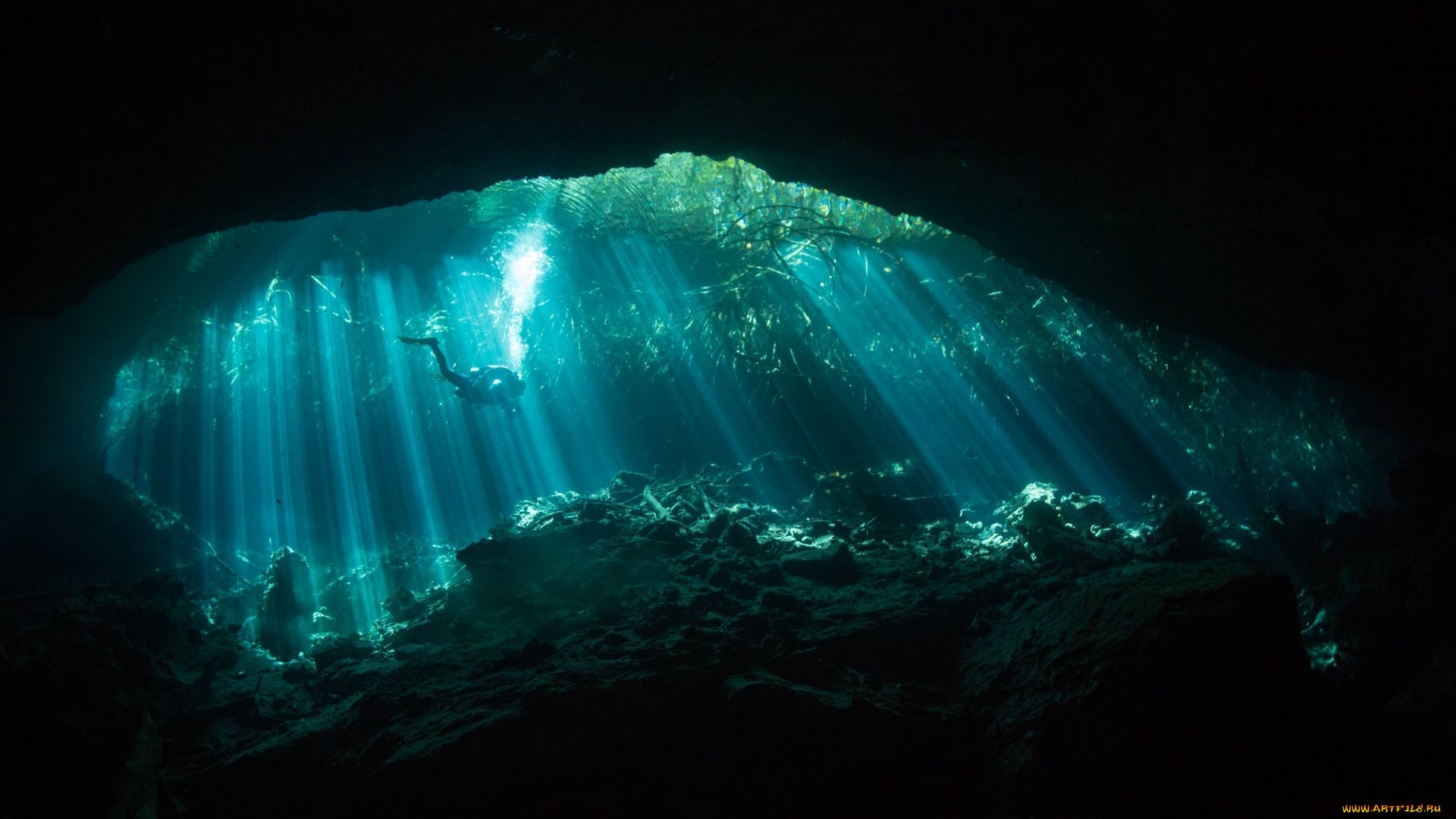 природа, морские, глубины, пещера, вода, лучи, дайвер