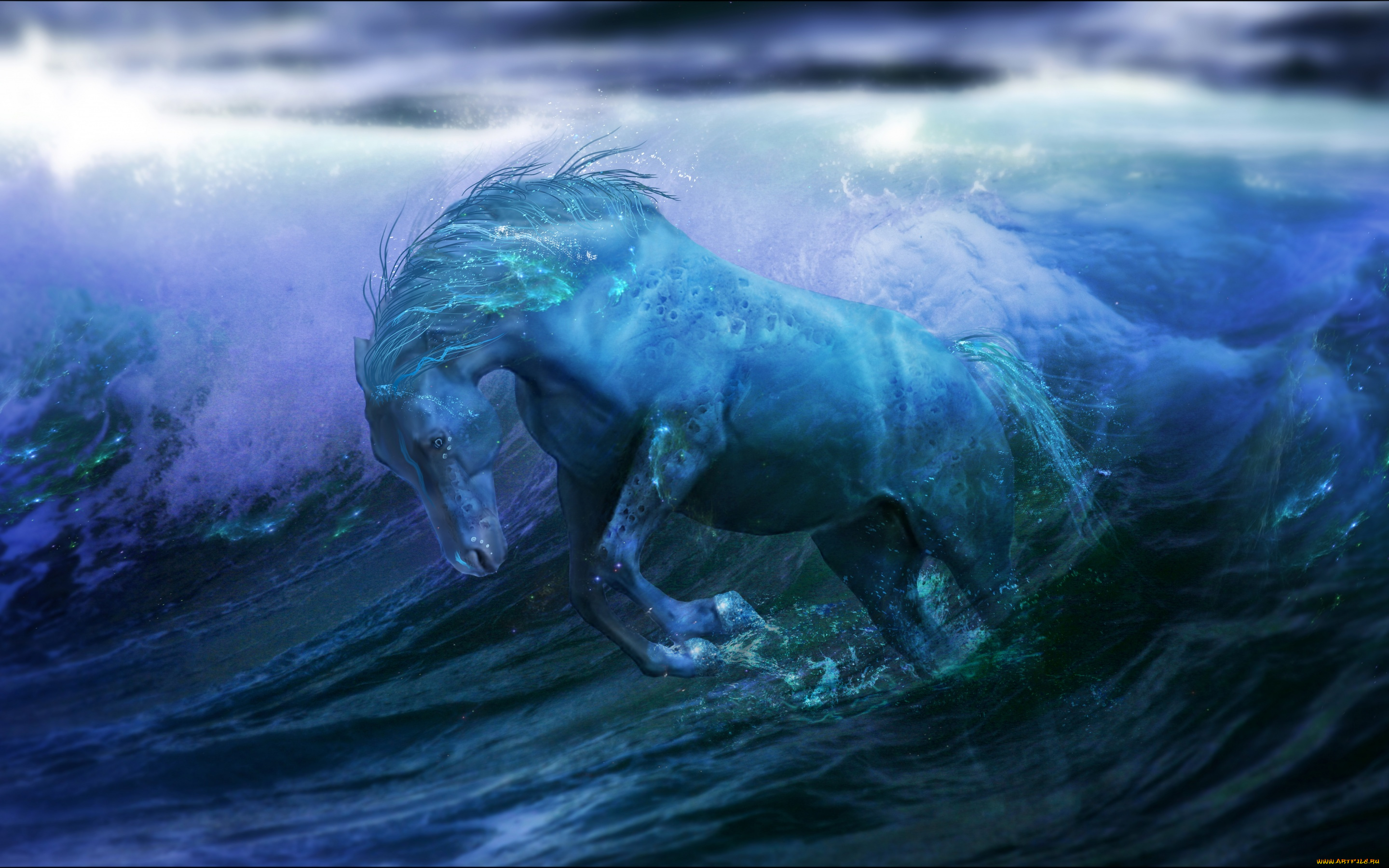 фэнтези, существа, волны, вода, horse, water, океан, ocean, фантастика, лошадь, fantasy