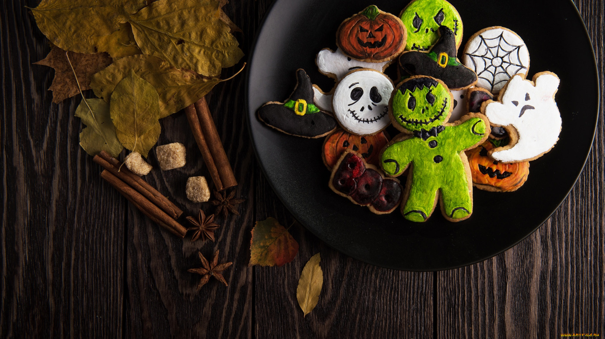 праздничные, угощения, pumpkin, wooden, table, monster, ghost, wood, biscuit, halloween, hat, leaves, food, sweets