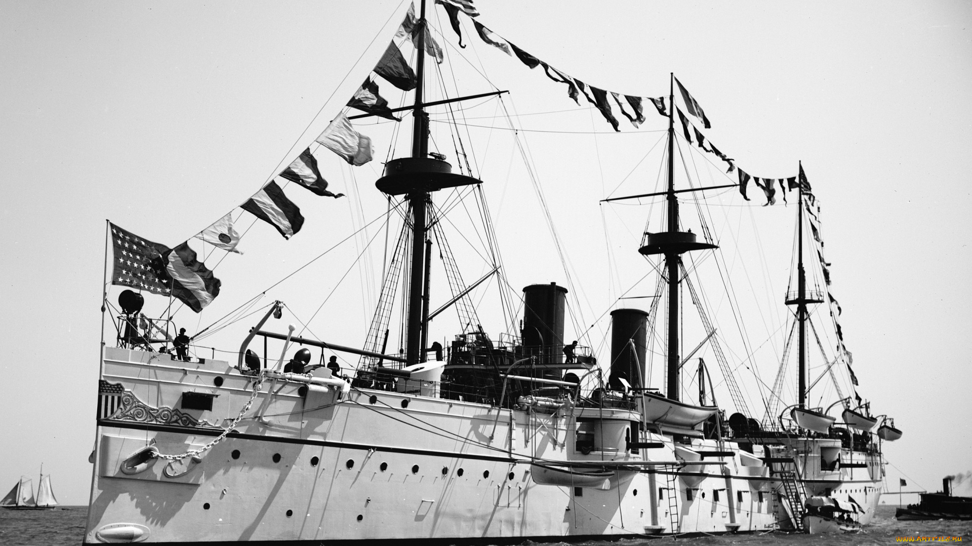 корабли, другое, броненосец, флаги, исторический