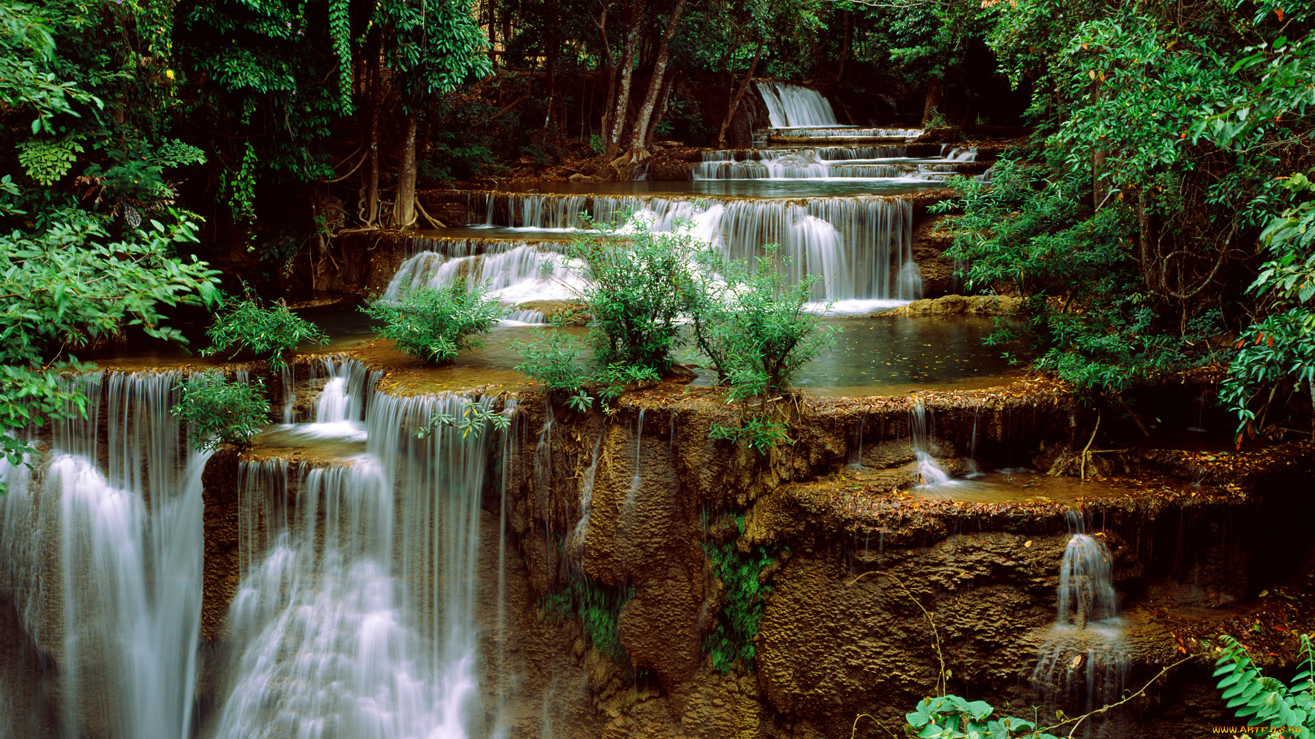 природа, водопады, река, каскады, деревья