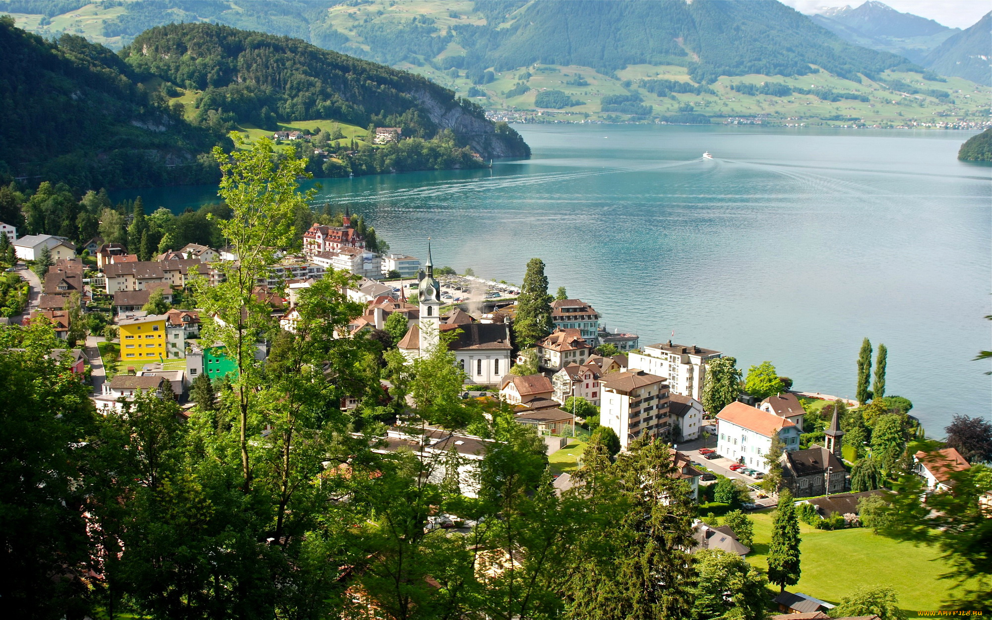 швейцария, люцерн, вицнау, города, пейзажи, озеро, дома