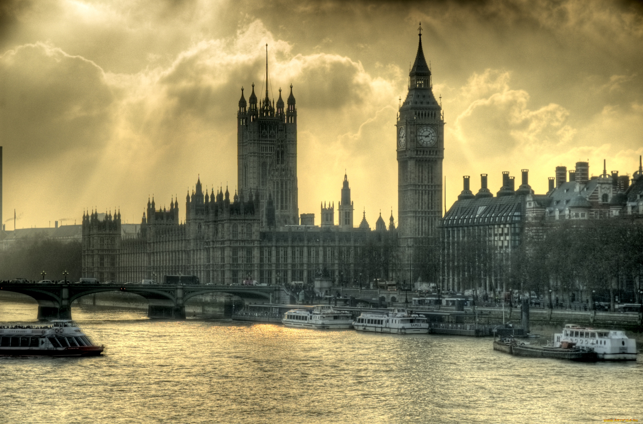города, лондон, великобритания, корабли, биг, бен, парламент, темза, мост