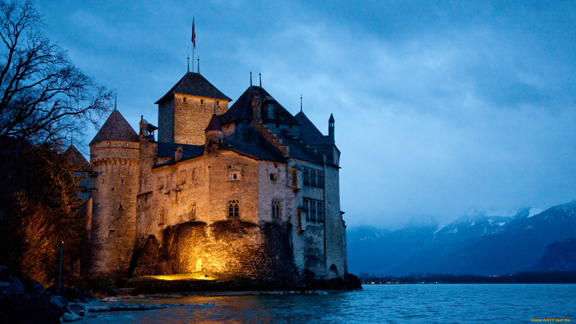 castle, chillon, швейцария, города, шильонский, замок, ночь, огни, озеро
