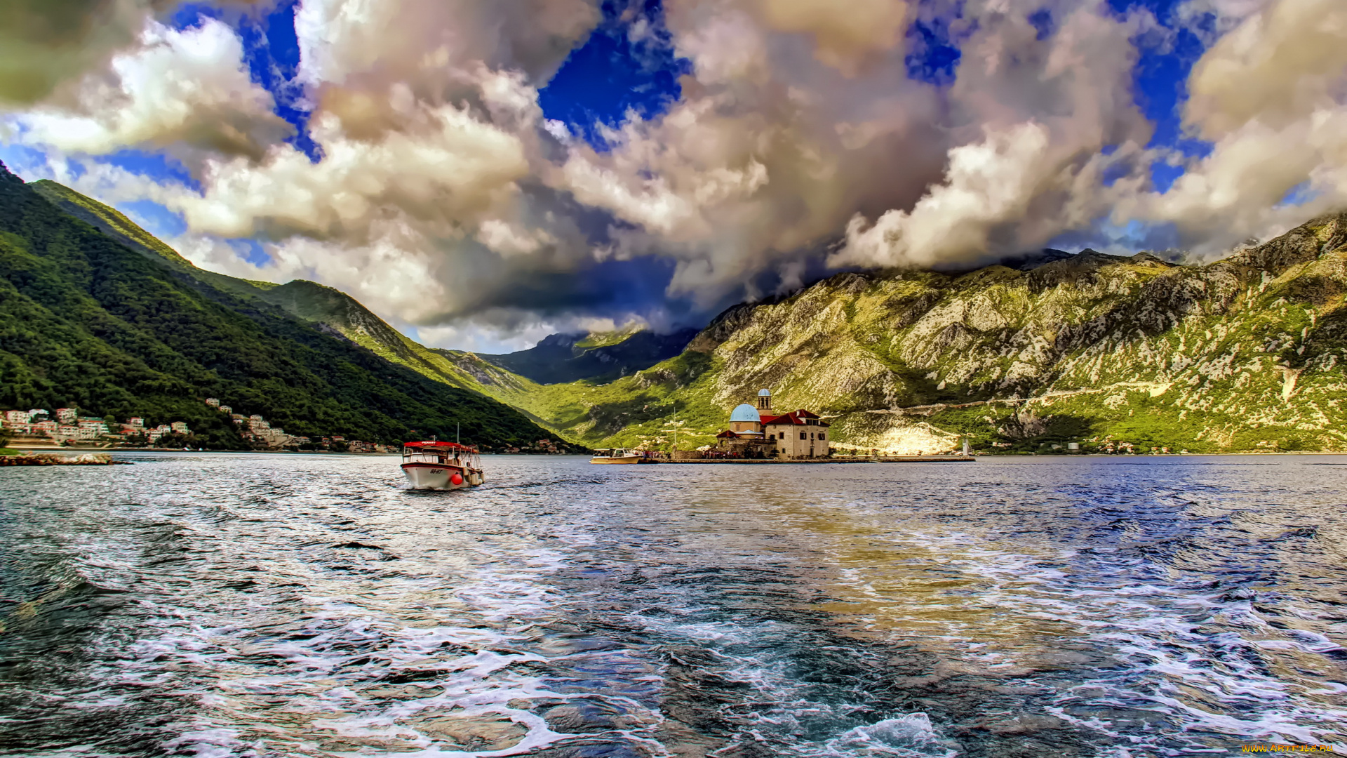 Черногория, perast, природа, реки, озера, горы, озеро, катер, дома