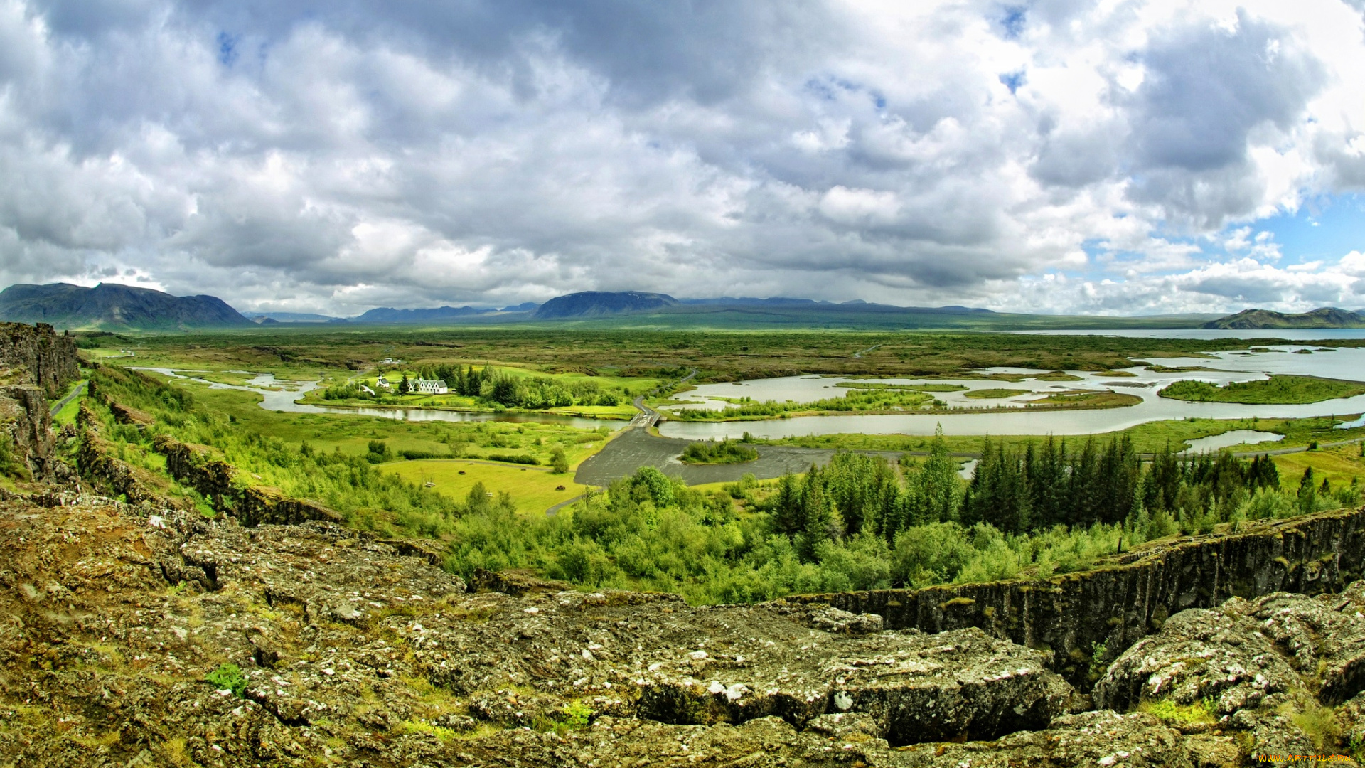 природа, пейзажи, леса, река, равнина, облака, горизонт