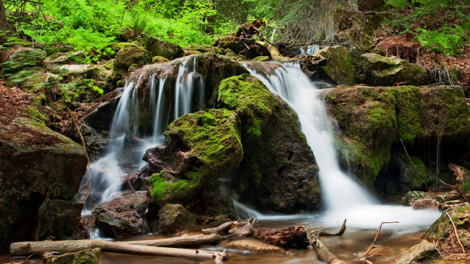 природа, водопады, камни, мох, река, водопад, бревна, лес