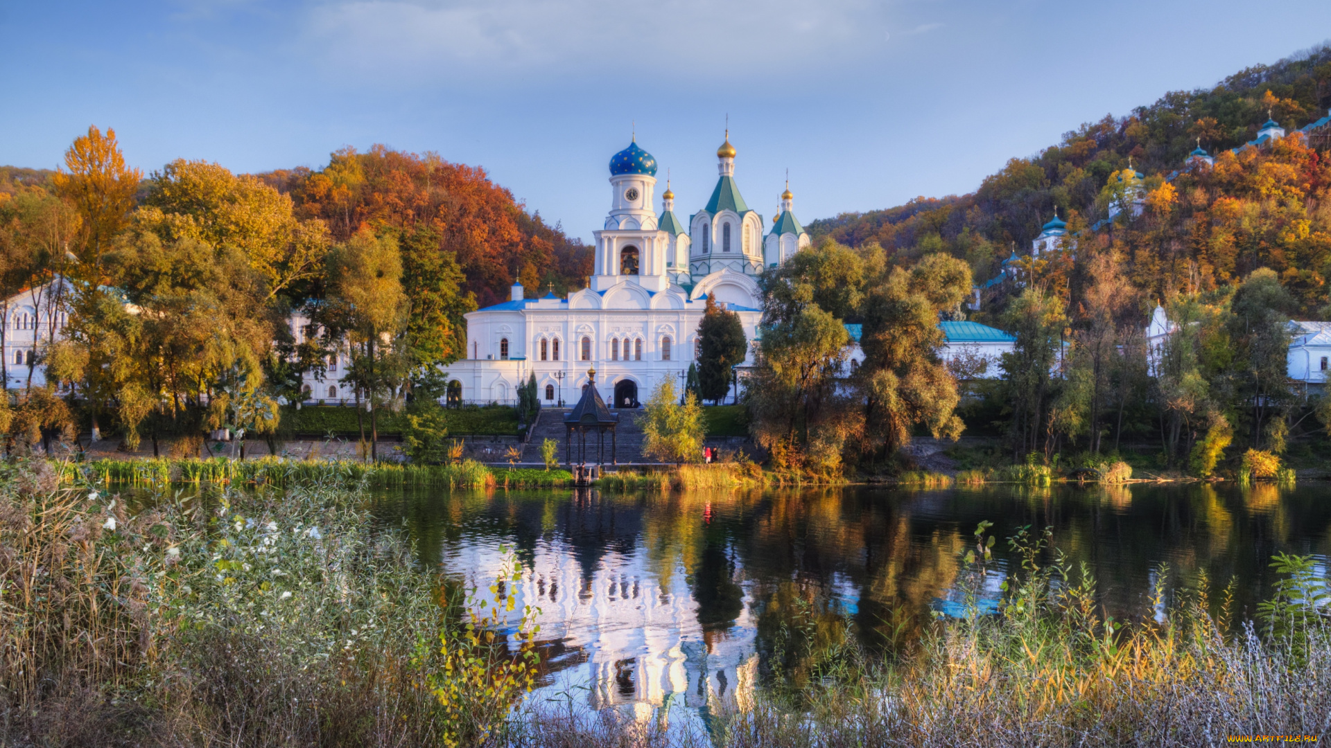 святогорск, украина, города, православные, церкви, монастыри, осень, купола, река