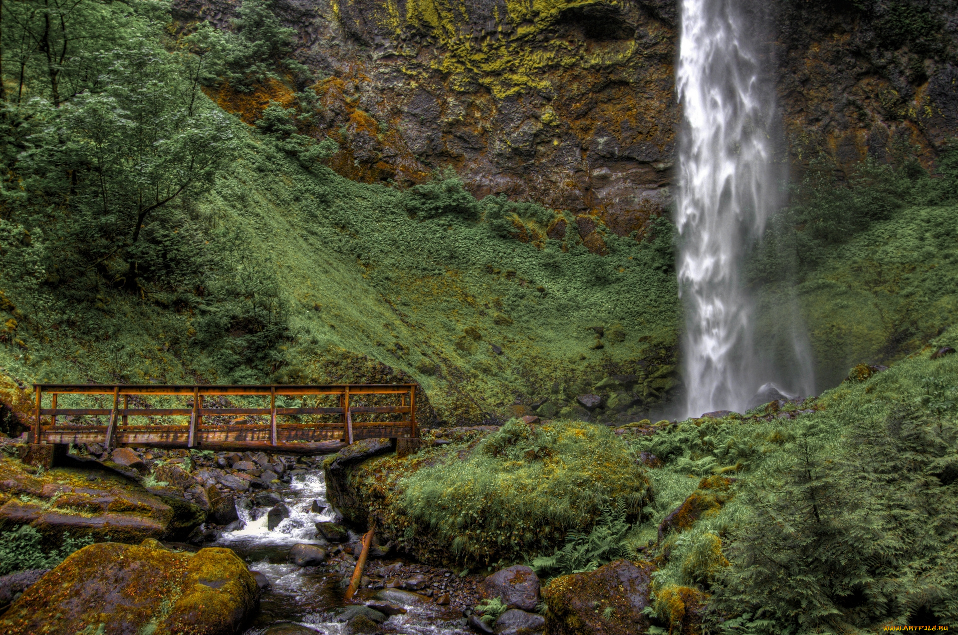 elowah, falls, oregon, природа, водопады, орегон, речка, скала, мост, камни, водопад, элоуа, columbia, river, gorge