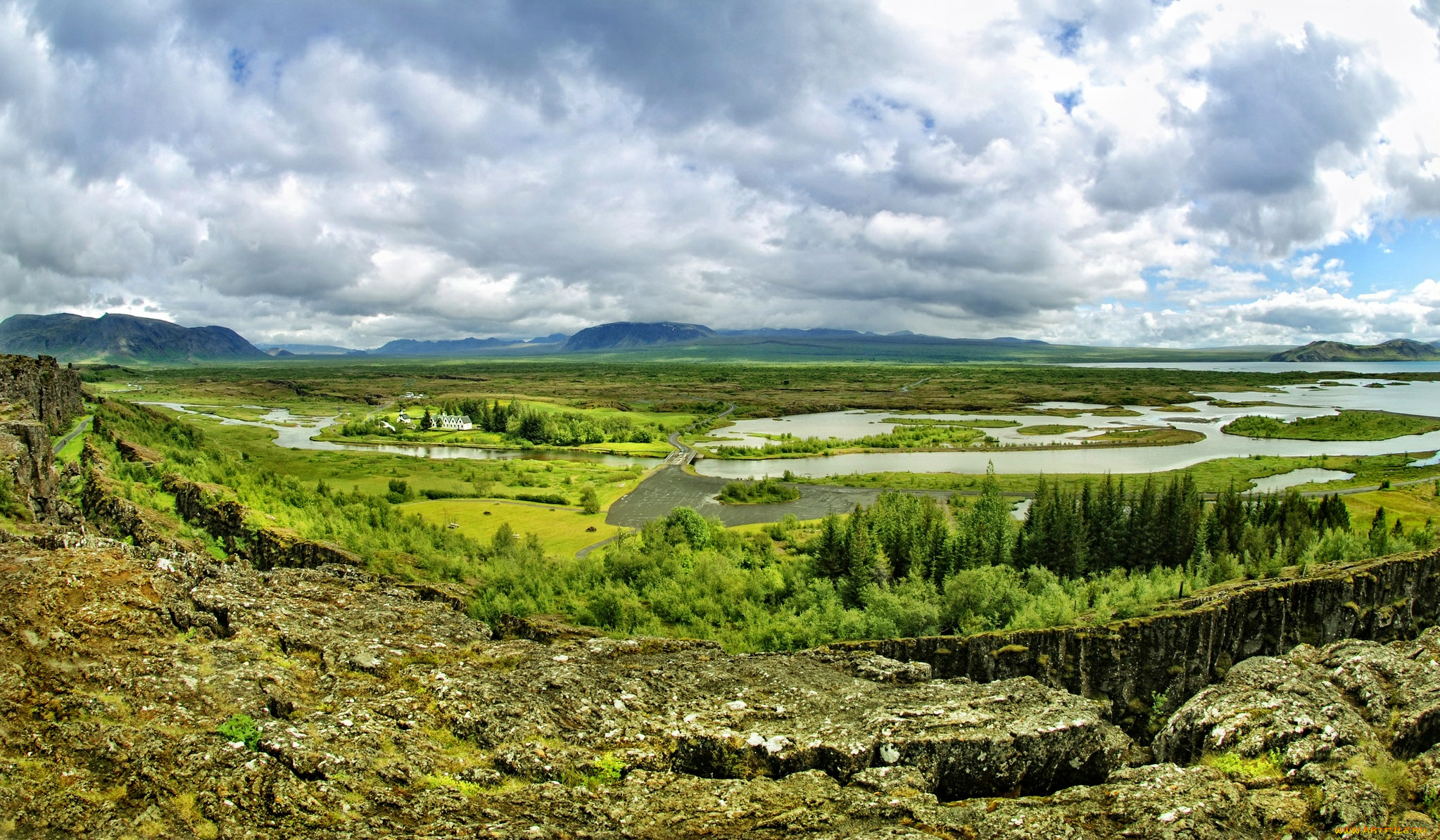 природа, пейзажи, леса, река, равнина, облака, горизонт