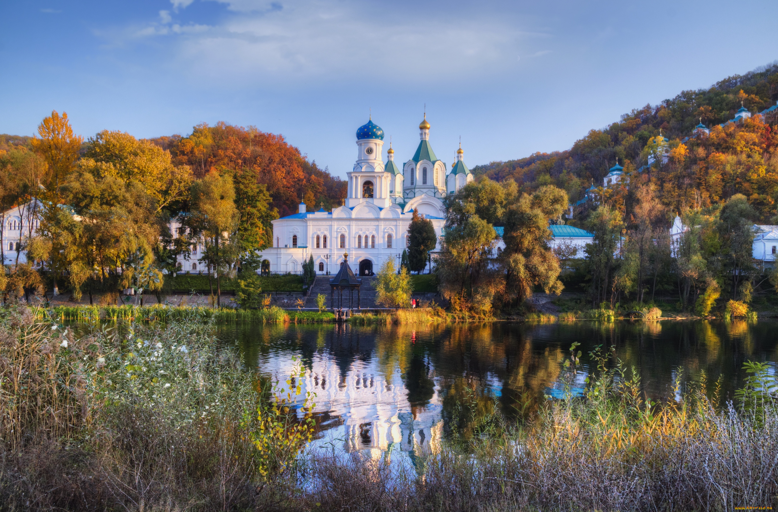 святогорск, украина, города, православные, церкви, монастыри, осень, купола, река