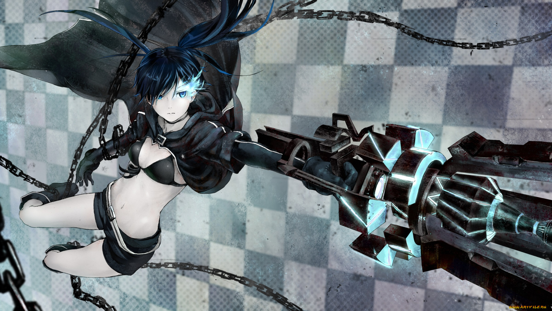 аниме, black, rock, shooter, оружие, девушка, цвет, цепь, арт, shouin, kuroi, mato, black, rock, shooter