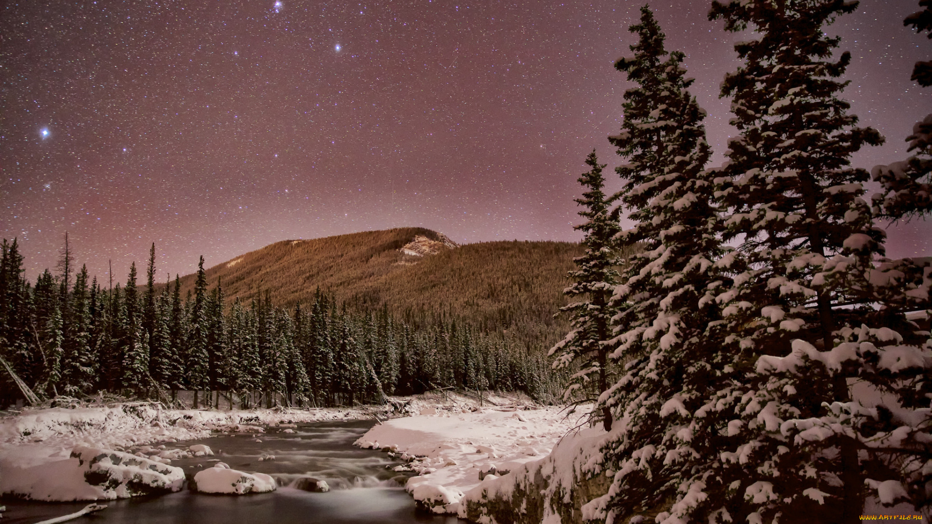природа, зима, ночь, горы, звезды, деревья, снег, кананаскис, канада, альберта, река, небо
