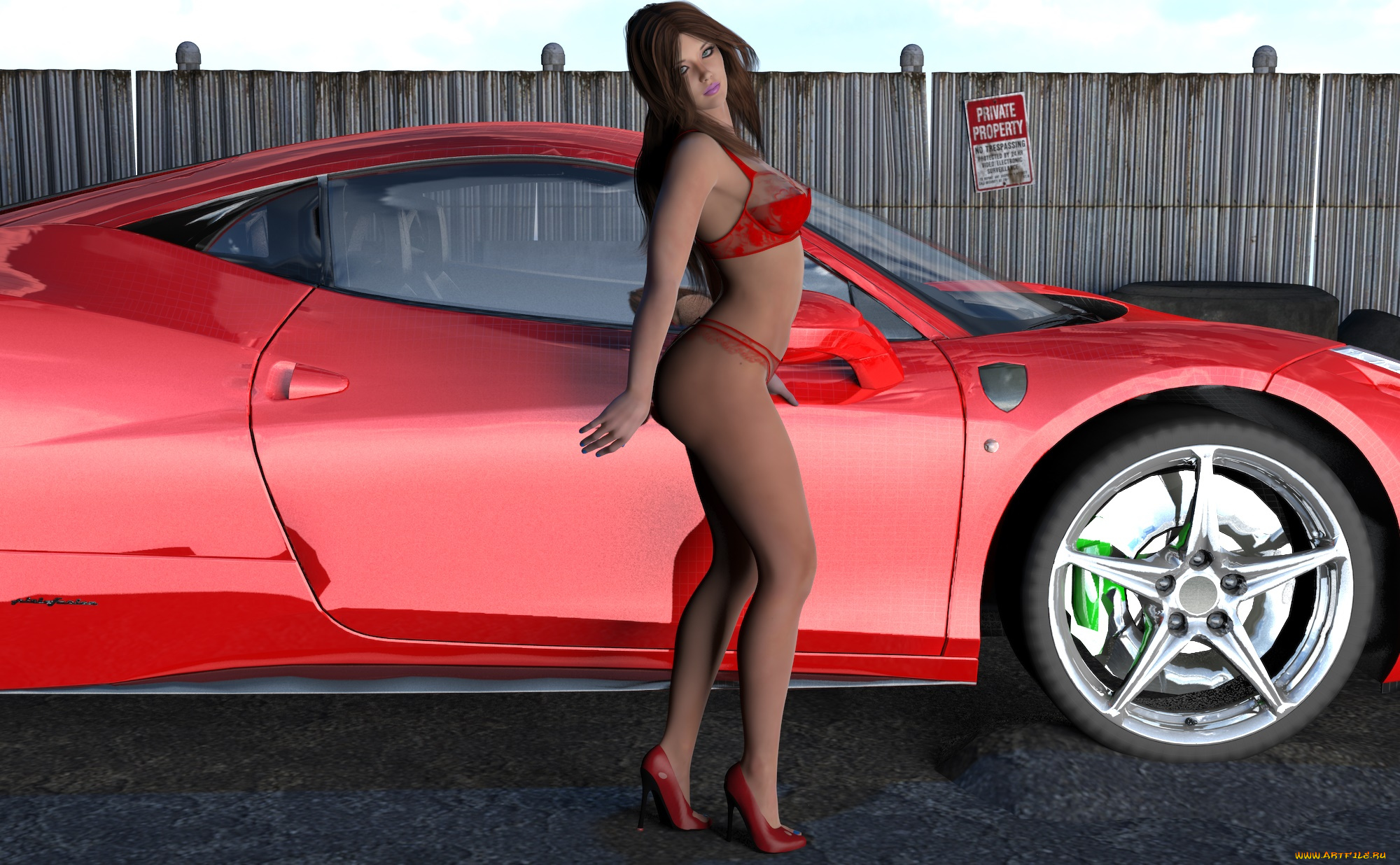 автомобили, 3d, car&girl, взгляд, фон, автомобиль, девушка