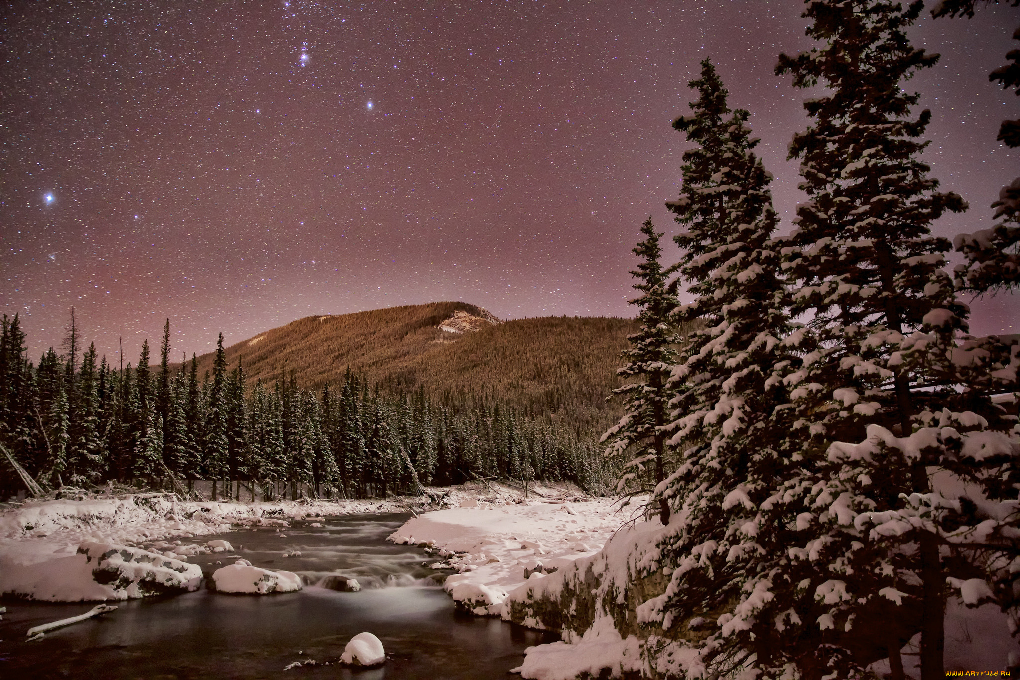 природа, зима, ночь, горы, звезды, деревья, снег, кананаскис, канада, альберта, река, небо