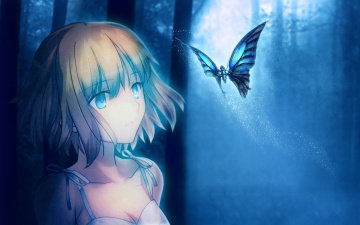 Картинка аниме животные +существа ночь лунный свет девушка бабочка арт