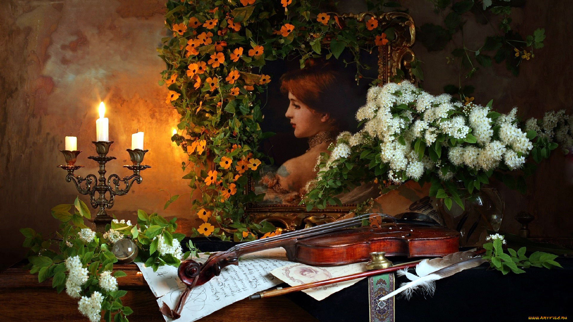 музыка, -музыкальные, инструменты, ноты, портрет, свечи, скрипка