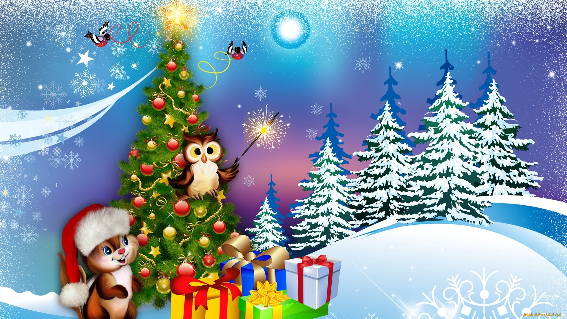 праздничные, векторная, графика, , новый, год, подарки, снег, елка