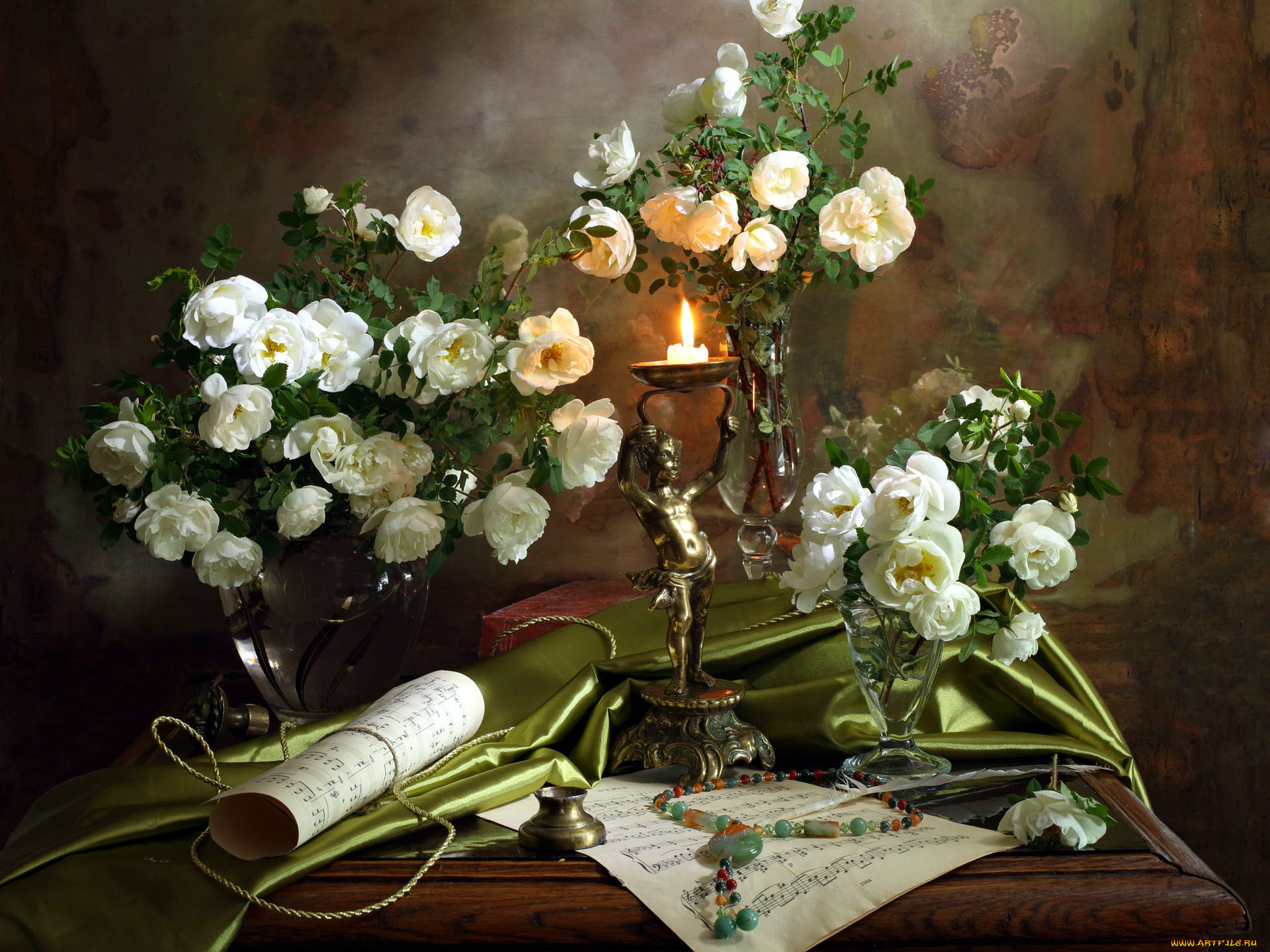 цветы, розы, ноты, белые, свеча