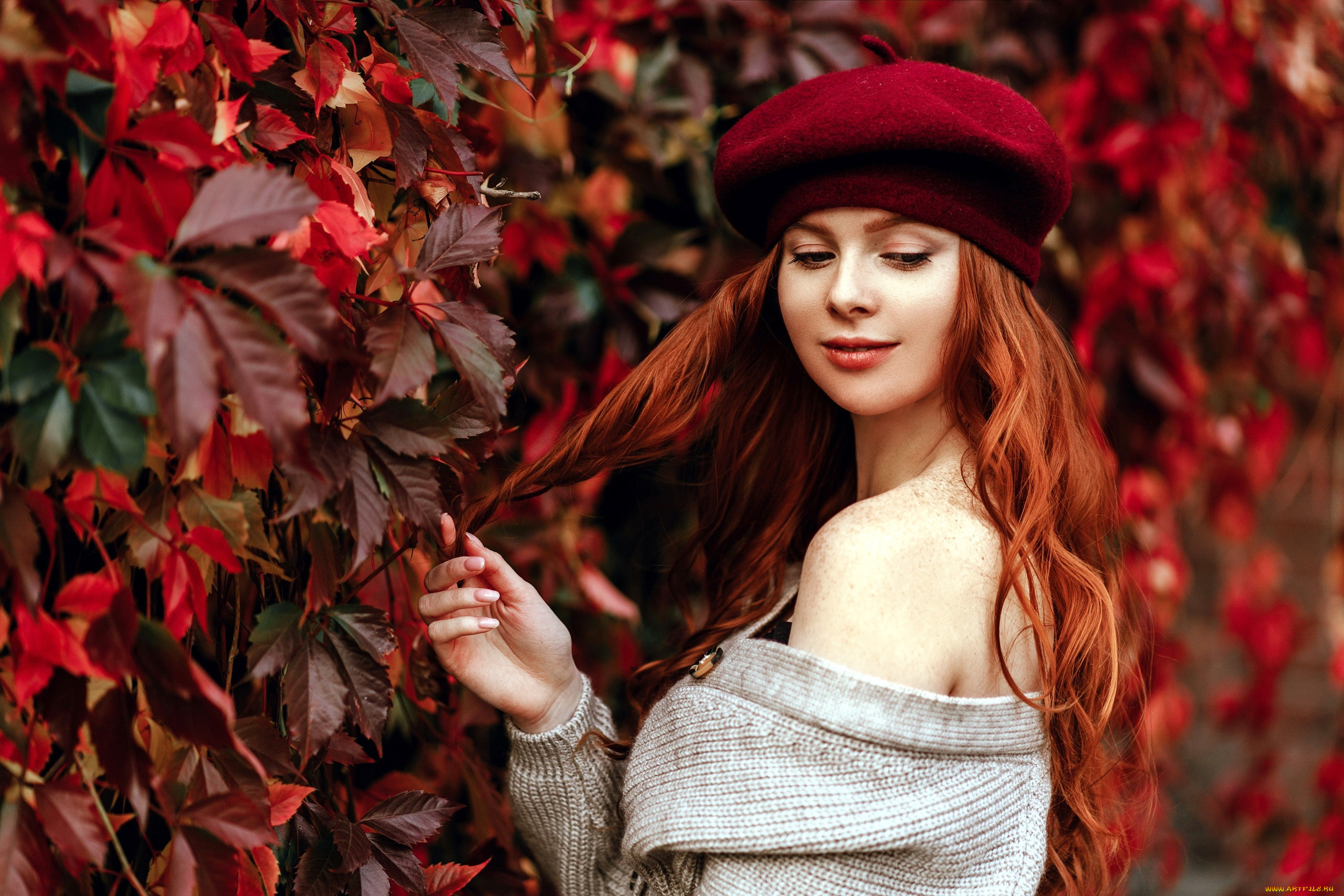 девушки, -, рыжеволосые, и, разноцветные, плющ, листья, берет, осень
