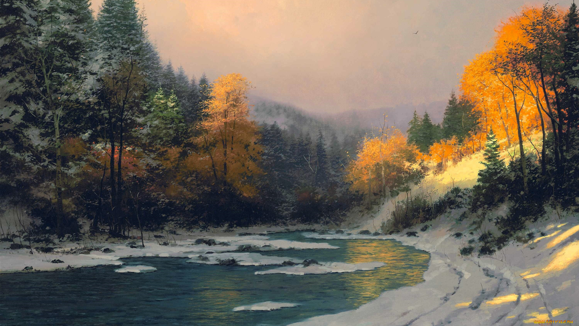 autumn, snow, рисованное, thomas, kinkade, лес, горы, снег, река