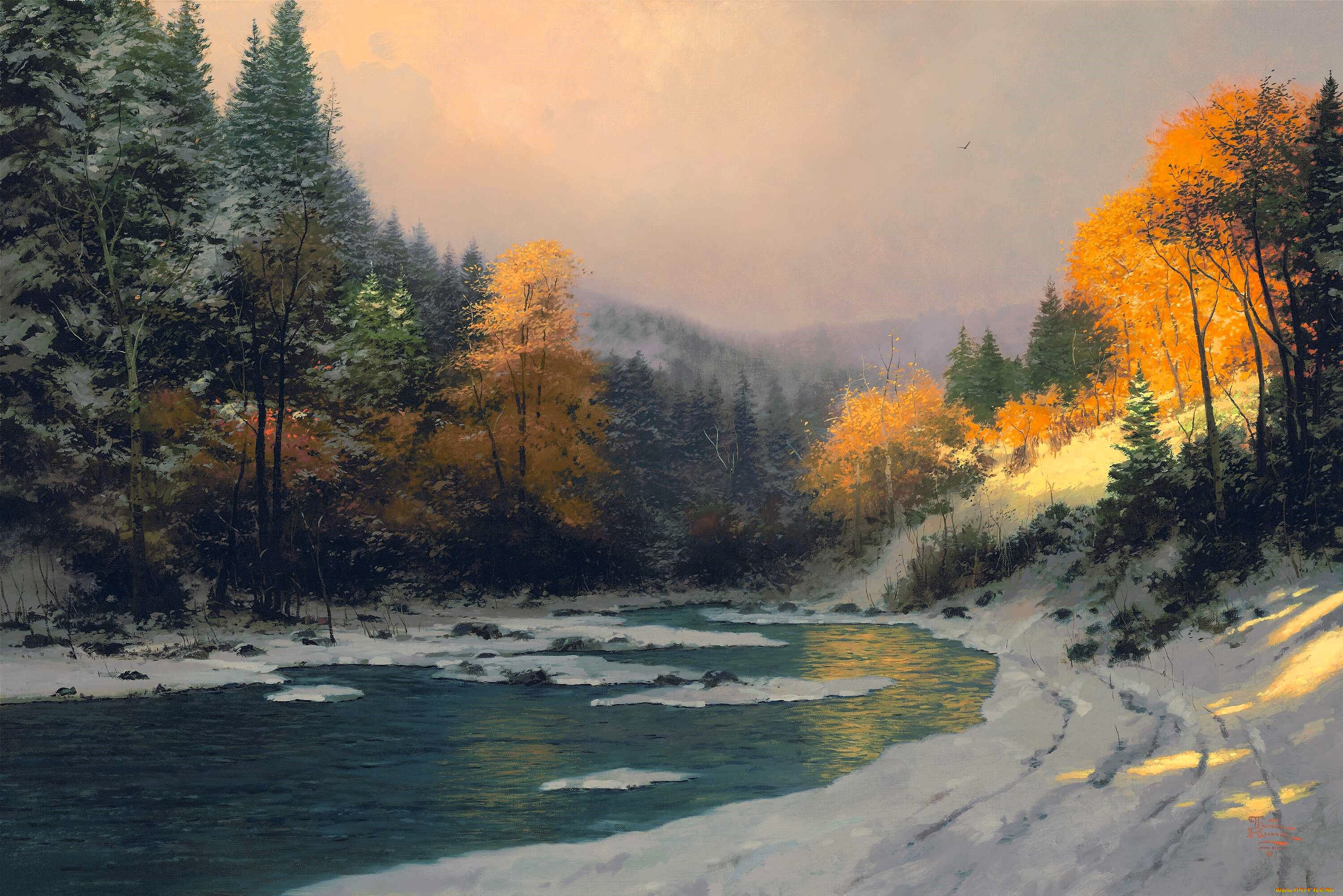 autumn, snow, рисованное, thomas, kinkade, лес, горы, снег, река