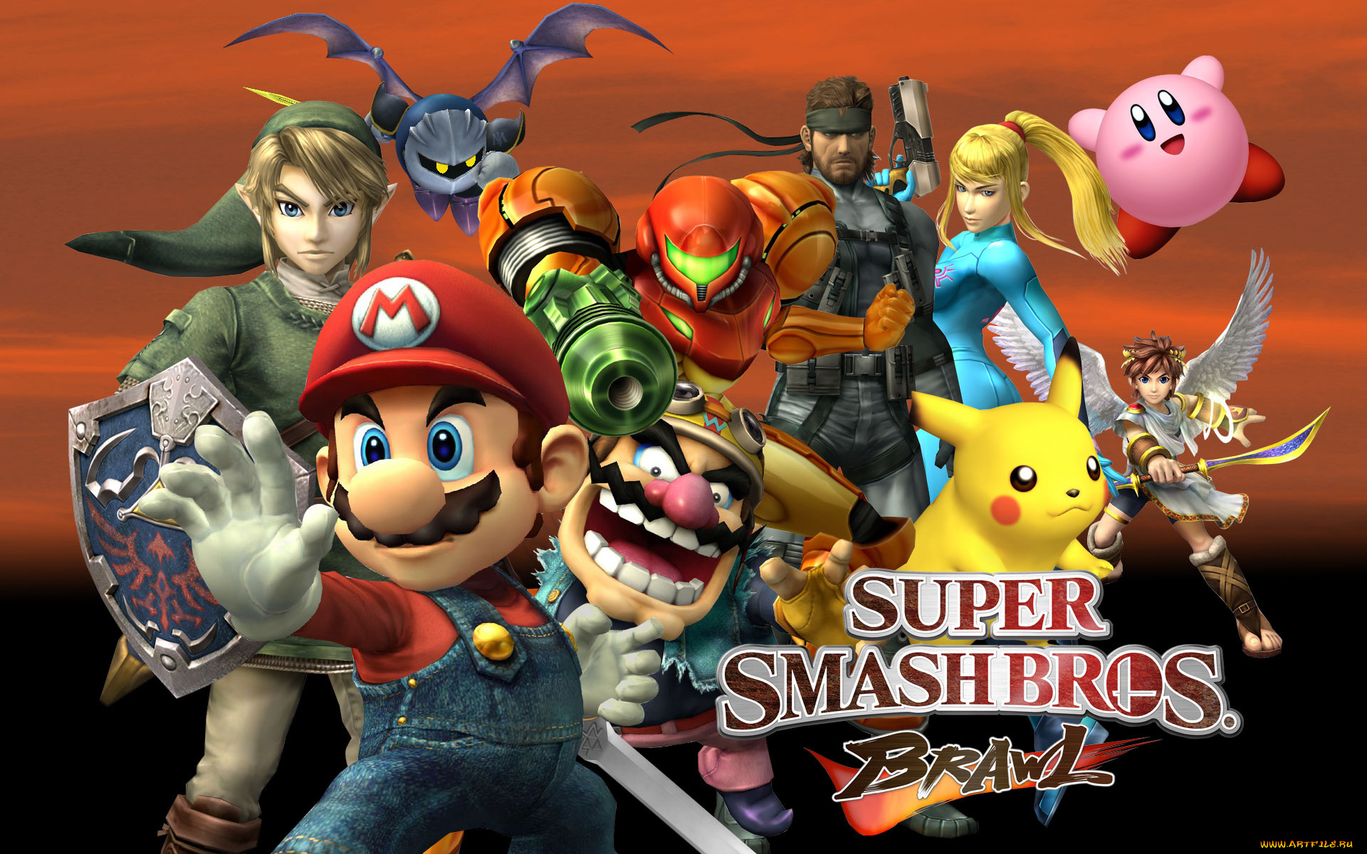 super, smash, bros, brawl, видео, игры, link, mario, solid, snake, wario, pit, samus, aran, pikachu