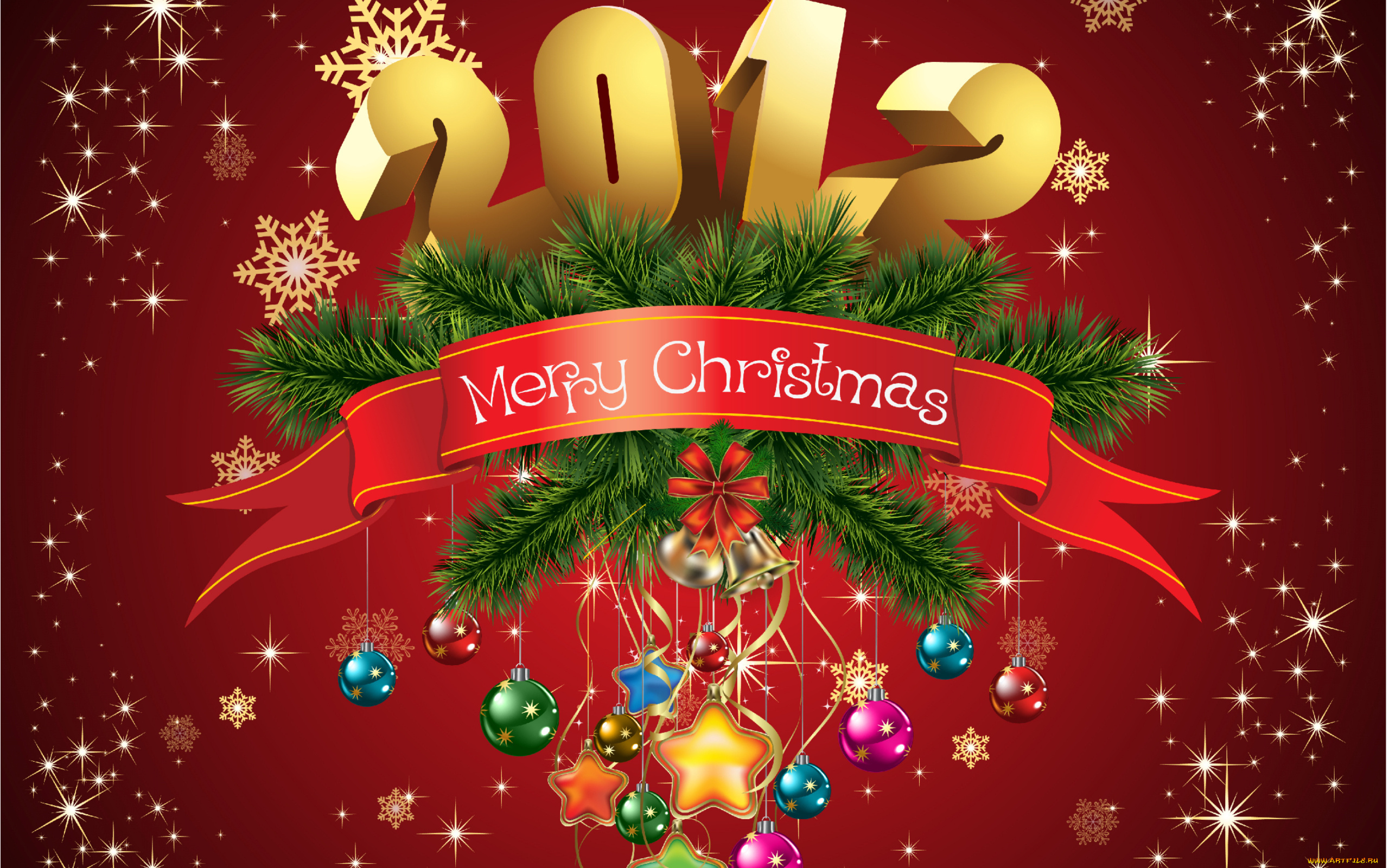 праздничные, векторная, графика, новый, год, снежинки, ёлка, счастливого, рождества, 2012, колокольчик, звезды, шары, лента, игрушки