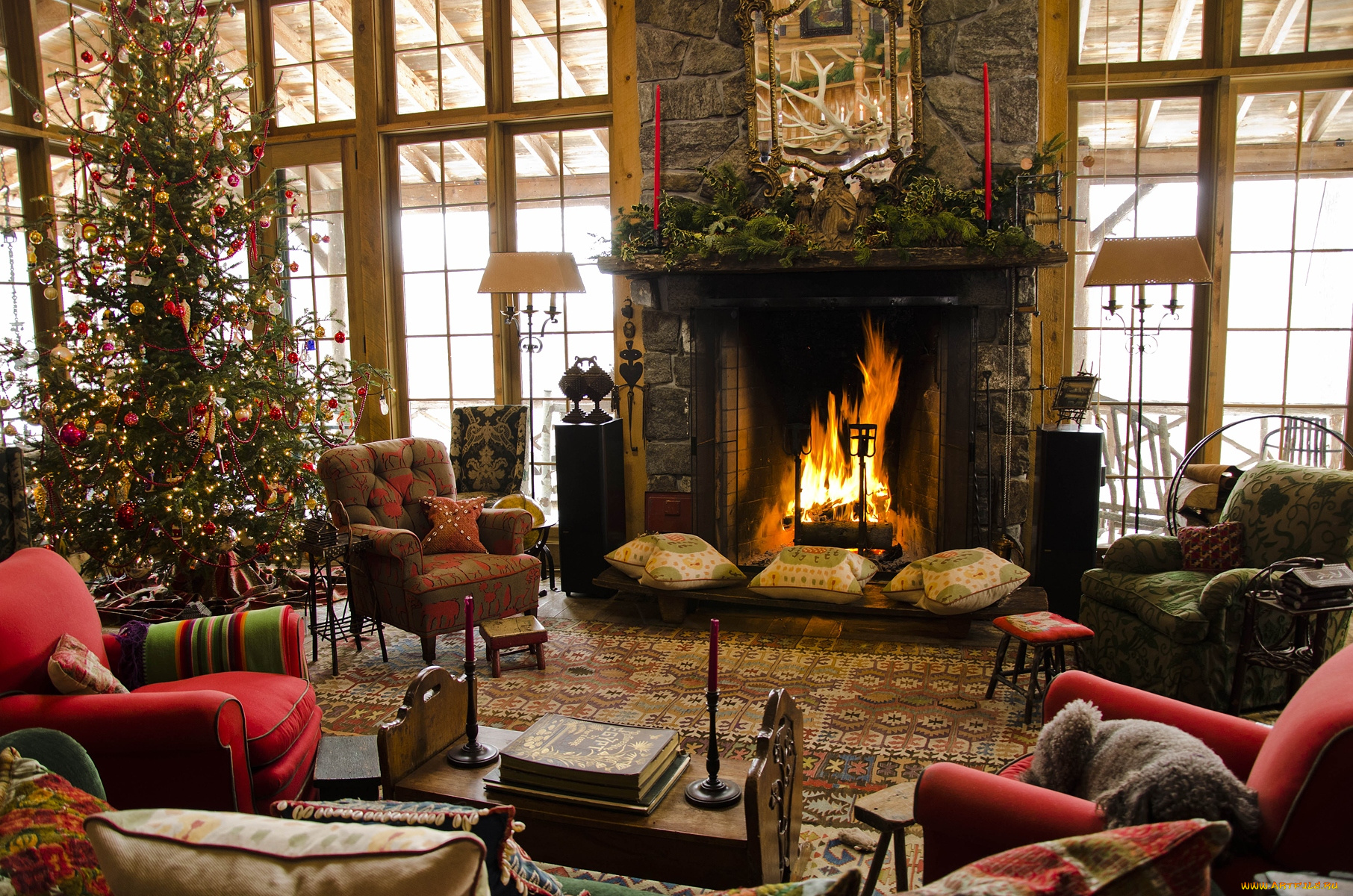 праздничные, новогодний, очаг, камин, огонь, кресла, елка, гостиная