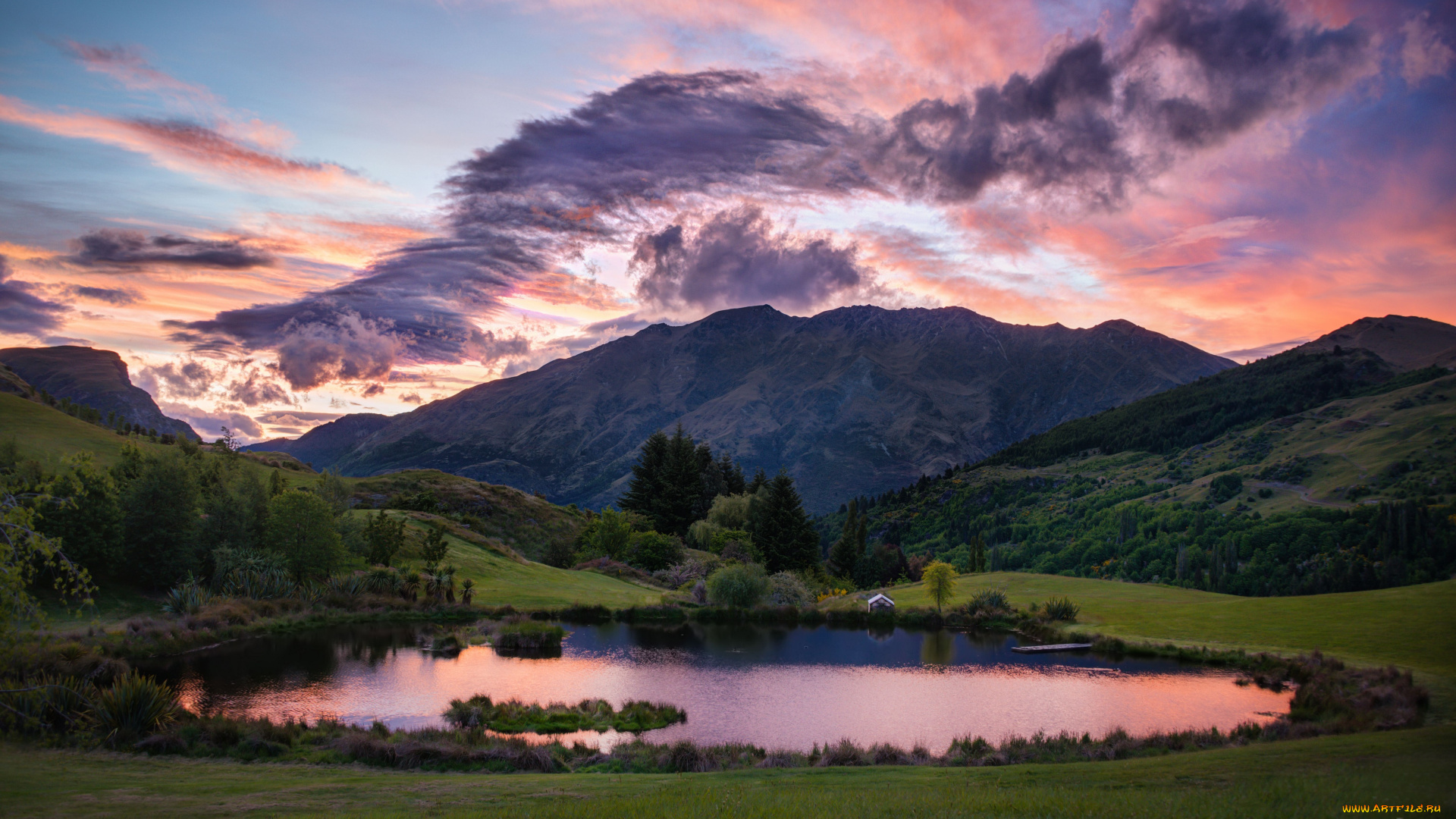 queenstown, new, zealand, природа, пейзажи, новая, зеландия, пруд, горы, облака