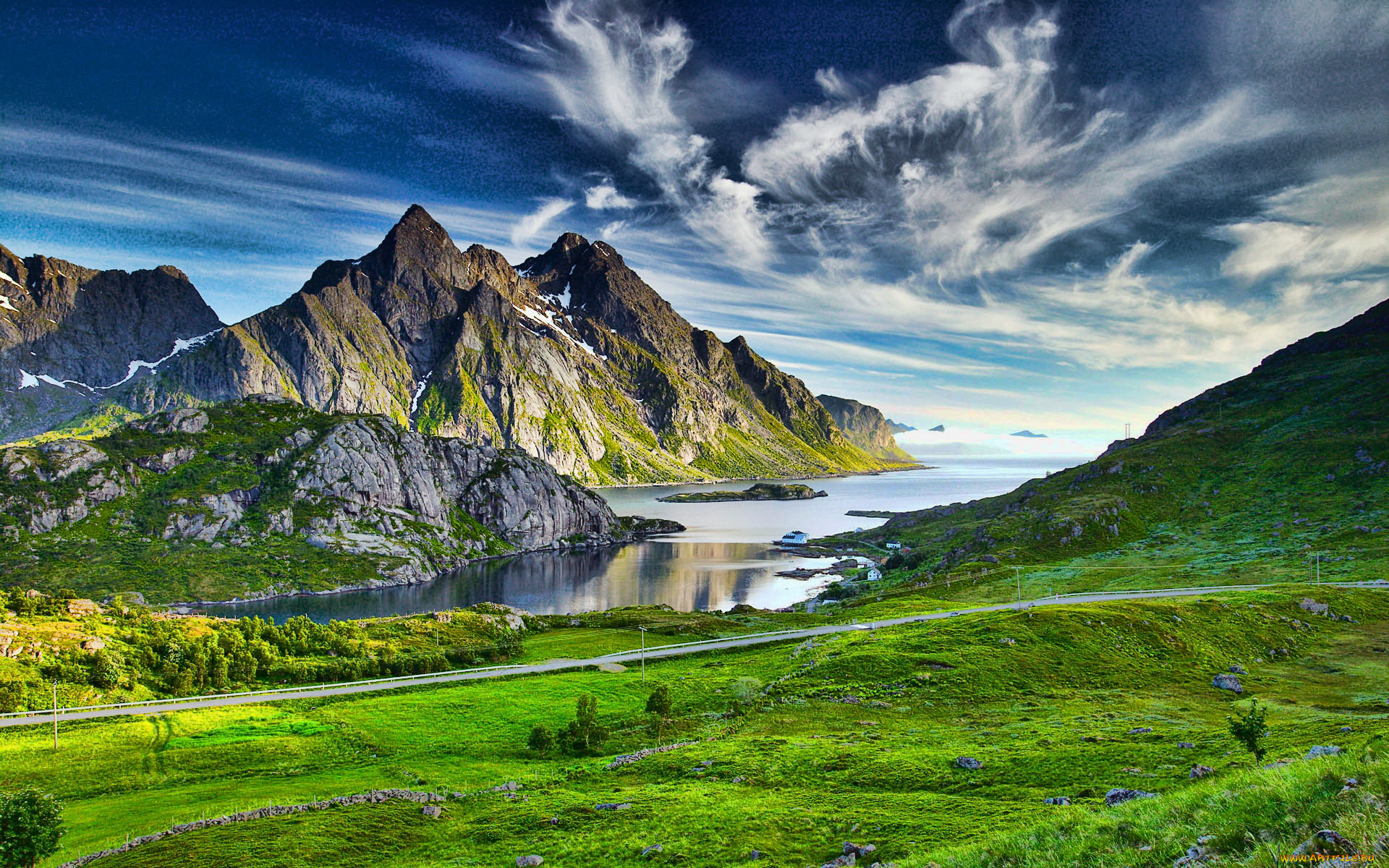 природа, побережье, фьорд, море, скалы, дорога, зелень