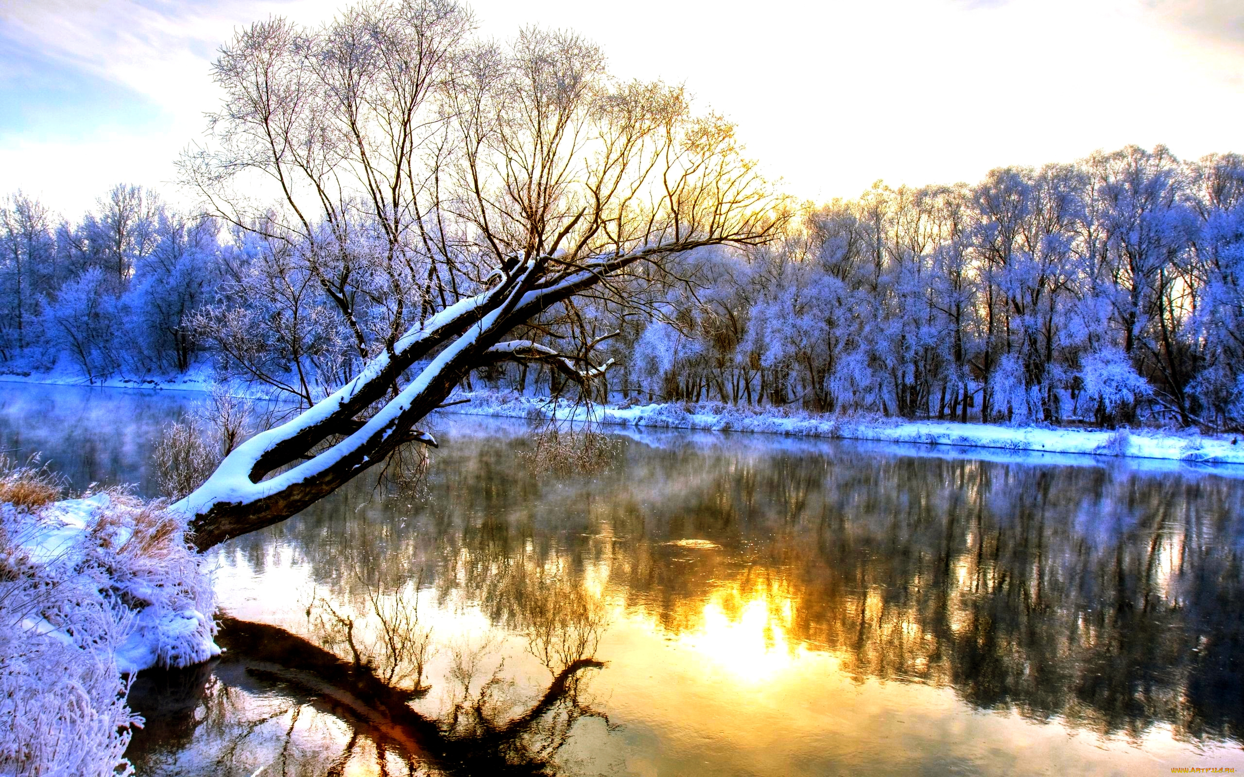 природа, зима, река, снег, деревья