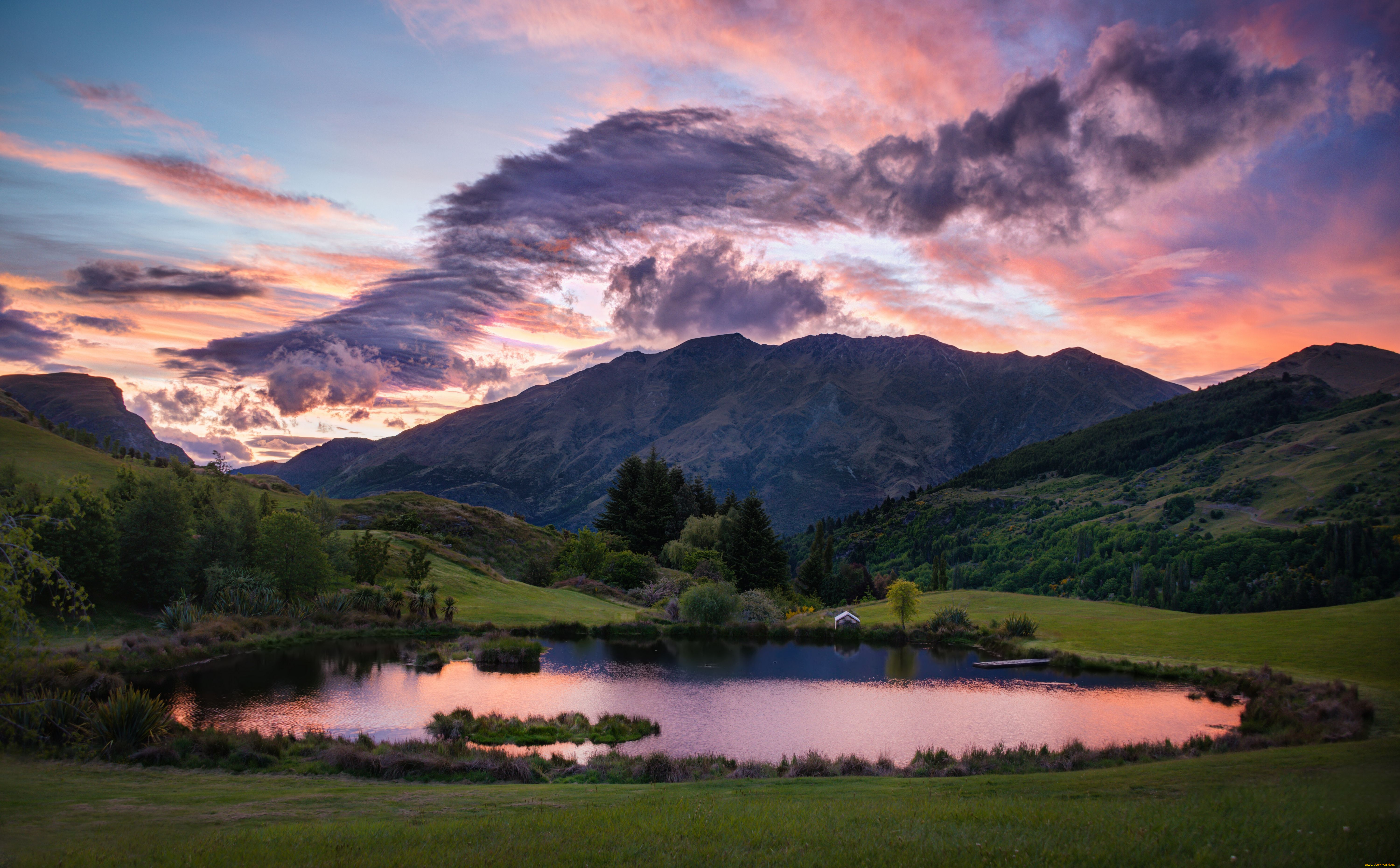 queenstown, new, zealand, природа, пейзажи, новая, зеландия, пруд, горы, облака