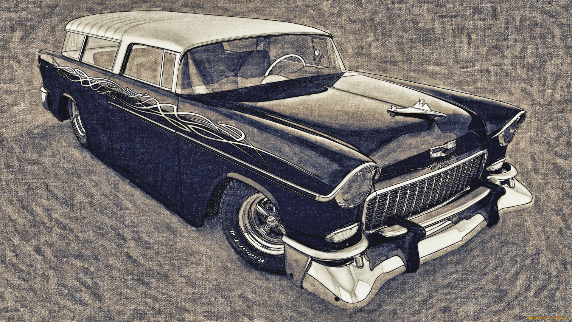 автомобили, рисованные, 1955, chevrolet, bel, air, nomad, custom