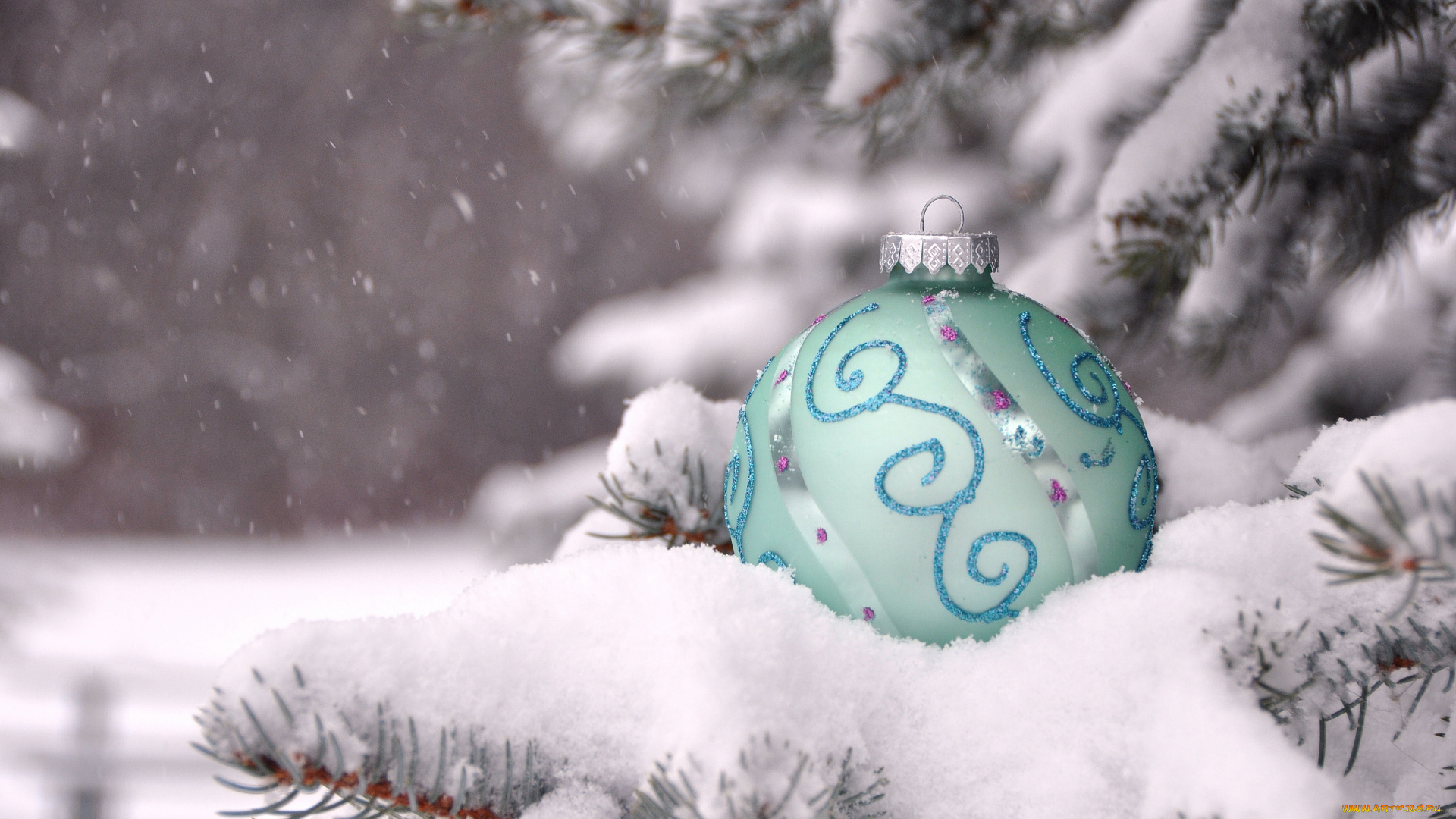 праздничные, шарики, снег, игрушка, ветки, зима