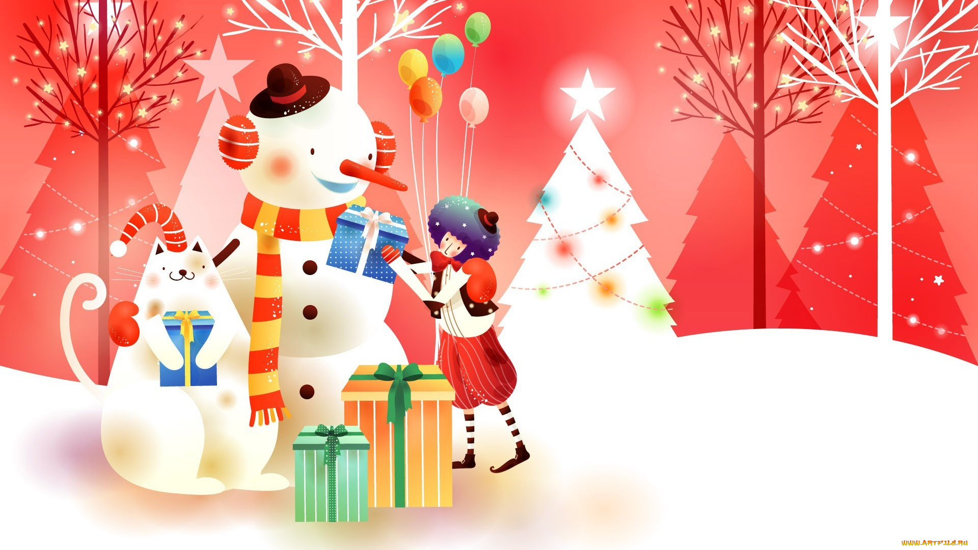 праздничные, векторная, графика, , новый, год, деревья, подарки, девушка, снеговик